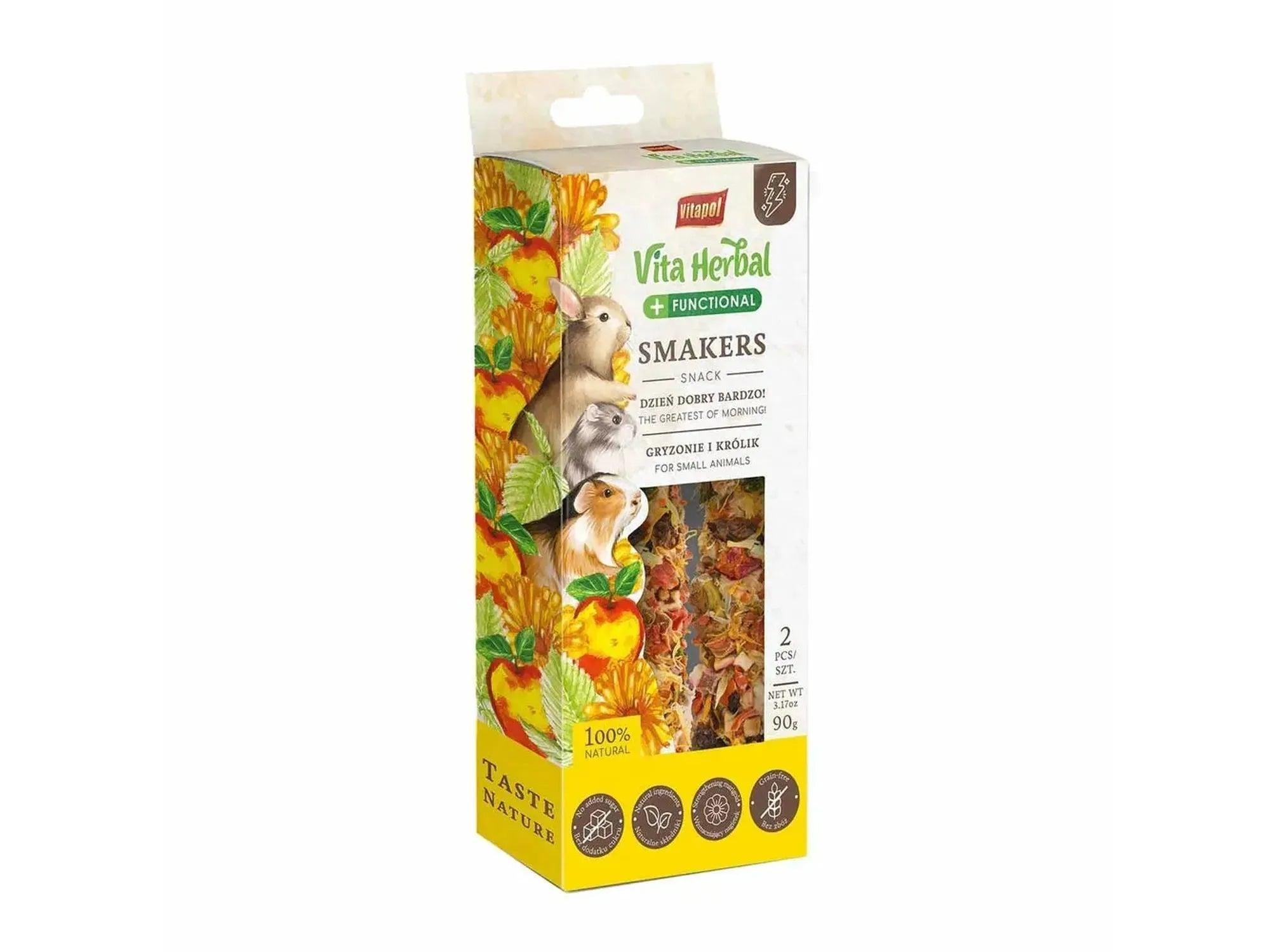 Vita Herbal Functional Smakers Morning kornfri gnagersnacks i hvit og gul pakke med kaniner og epler.