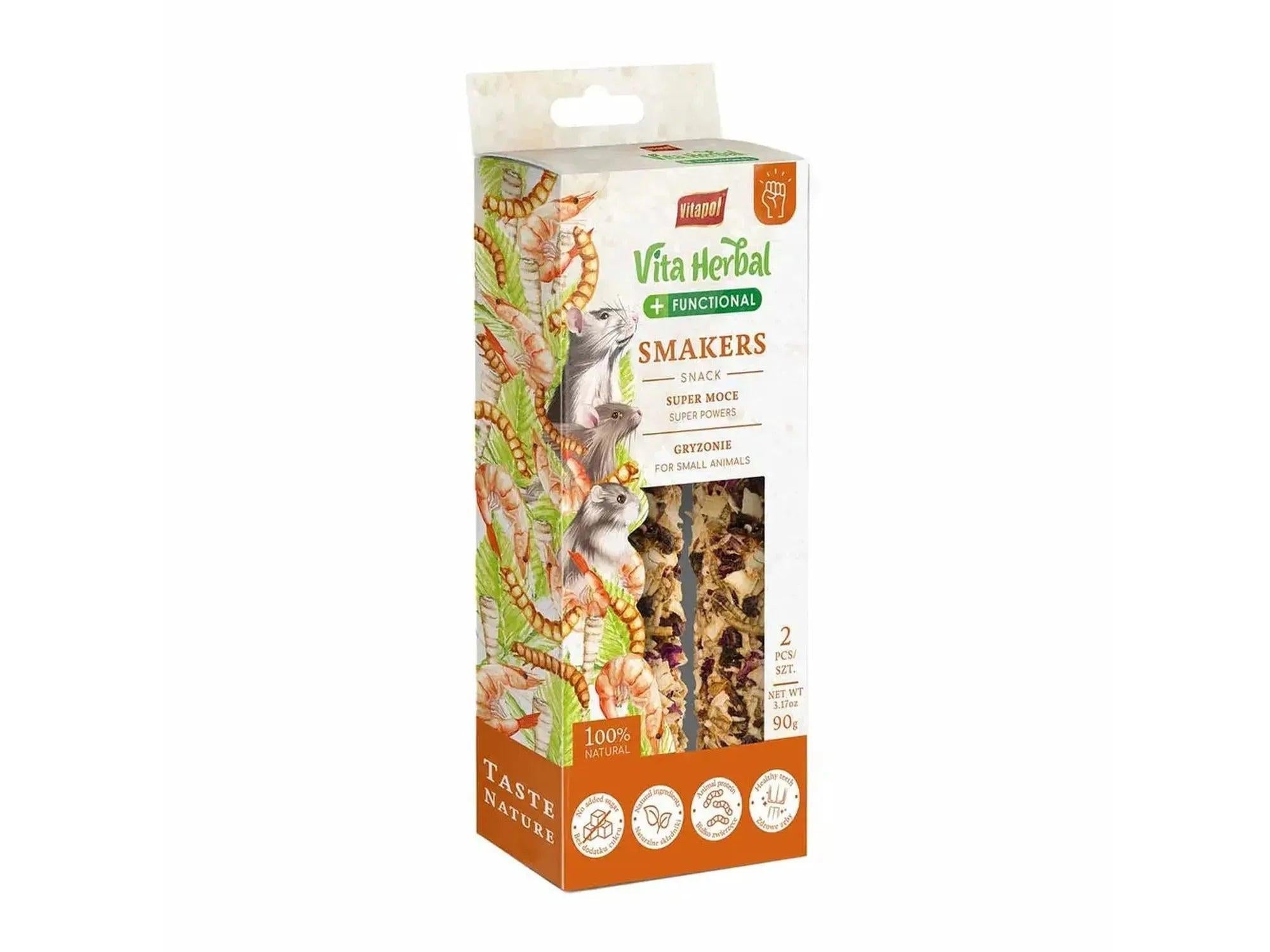 Vita Herbal Functional Smakers Super Powers 90g gnagersnacks i hvit og oransje emballasje med gnagermotiv.