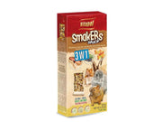 Vitapol Smakers 3i1 gnagarsnacks med skogsbær, popcorn og nøtter i rød og gul emballasje.