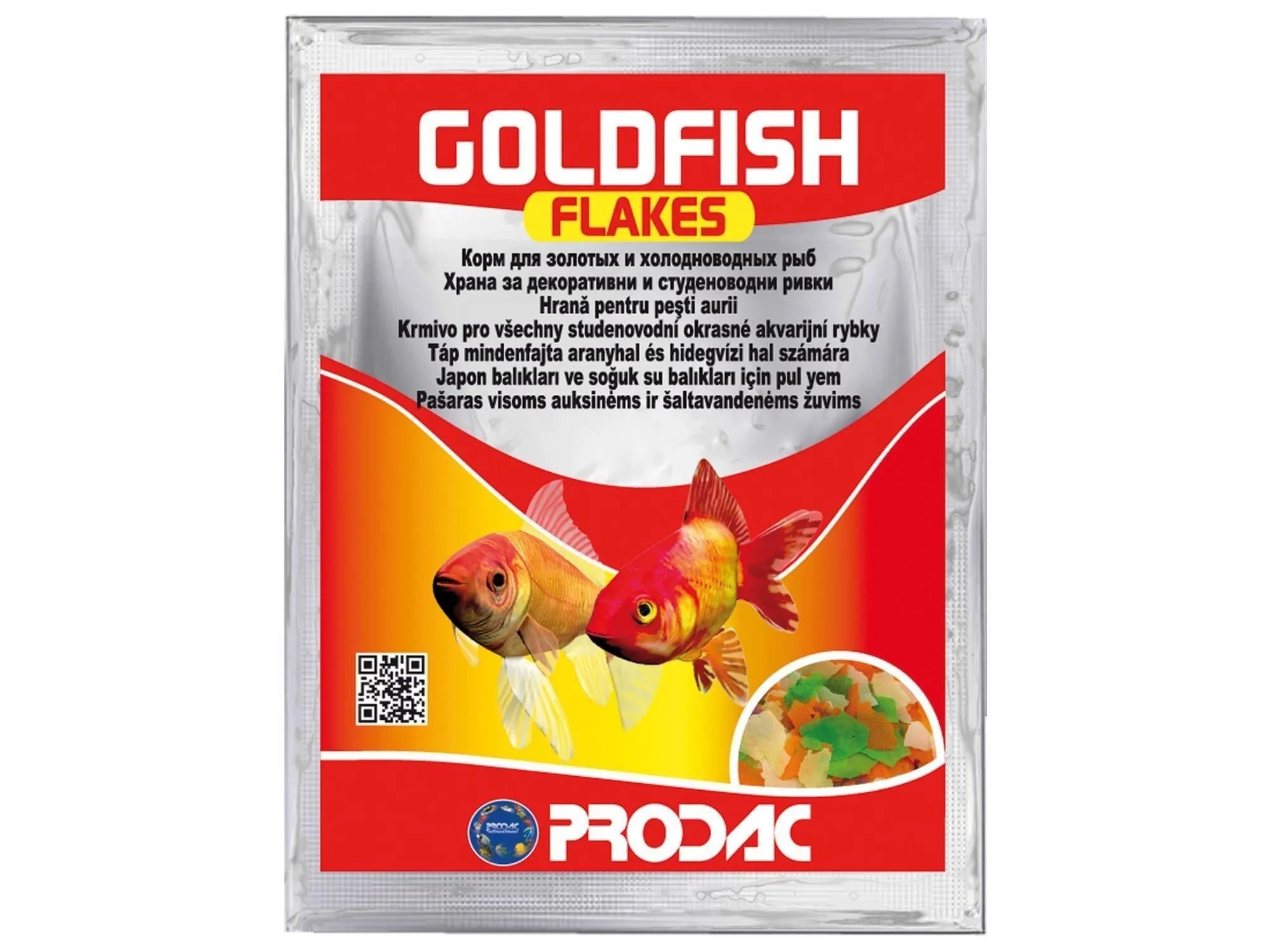 Prodac Goldfish Flakes 12gr fiskefôr i rød og hvit pose med gullfisk og flak.