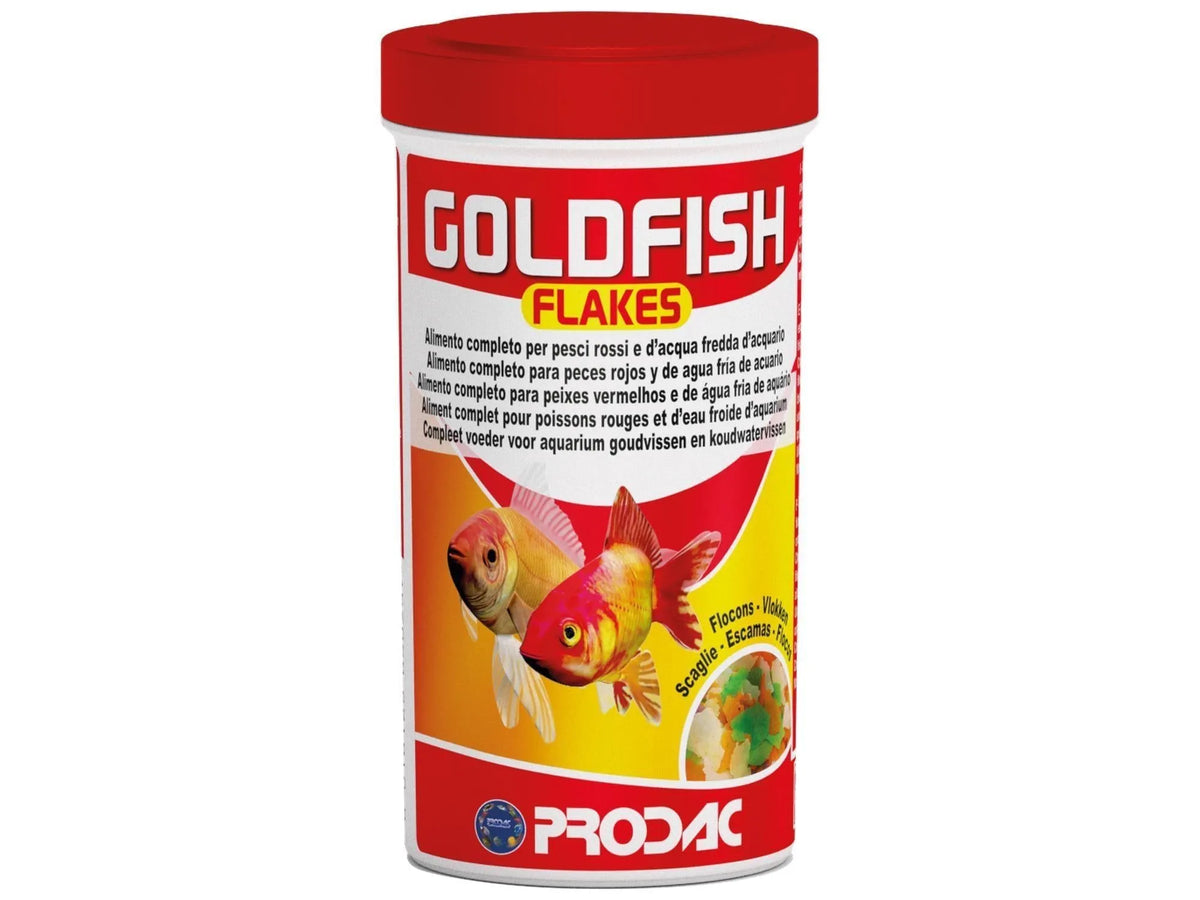 Prodac Goldfish Flakes 12gr fiskefôr i rød og hvit beholder med gullfisk og flakbilde.