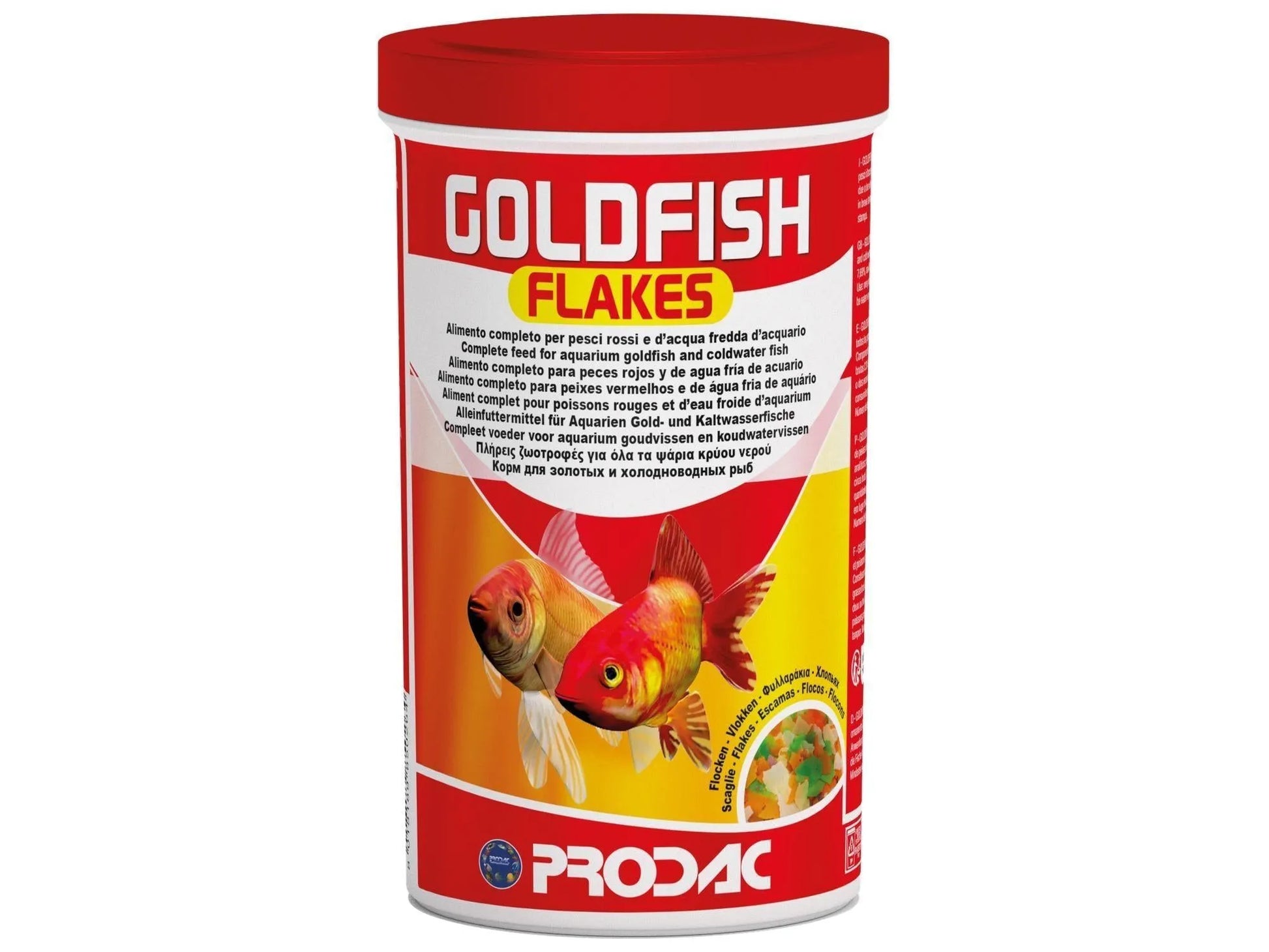 Prodac Goldfish Flakes fiskefôr i rød og hvit boks med bilde av to gullfisker.