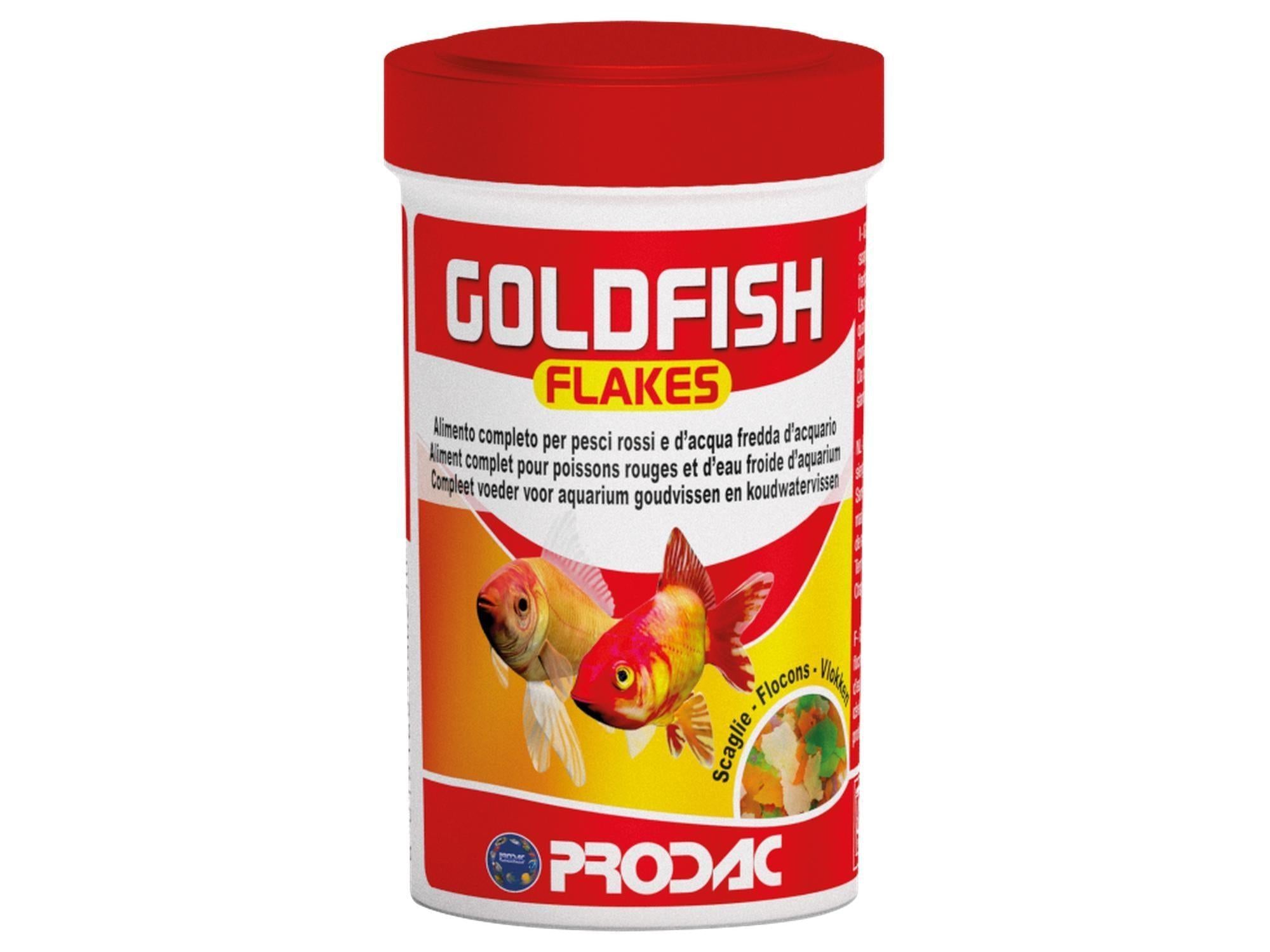 Prodac Goldfish Flakes fiskefôr i rød og hvit beholder med gullfisk og flakbilder.