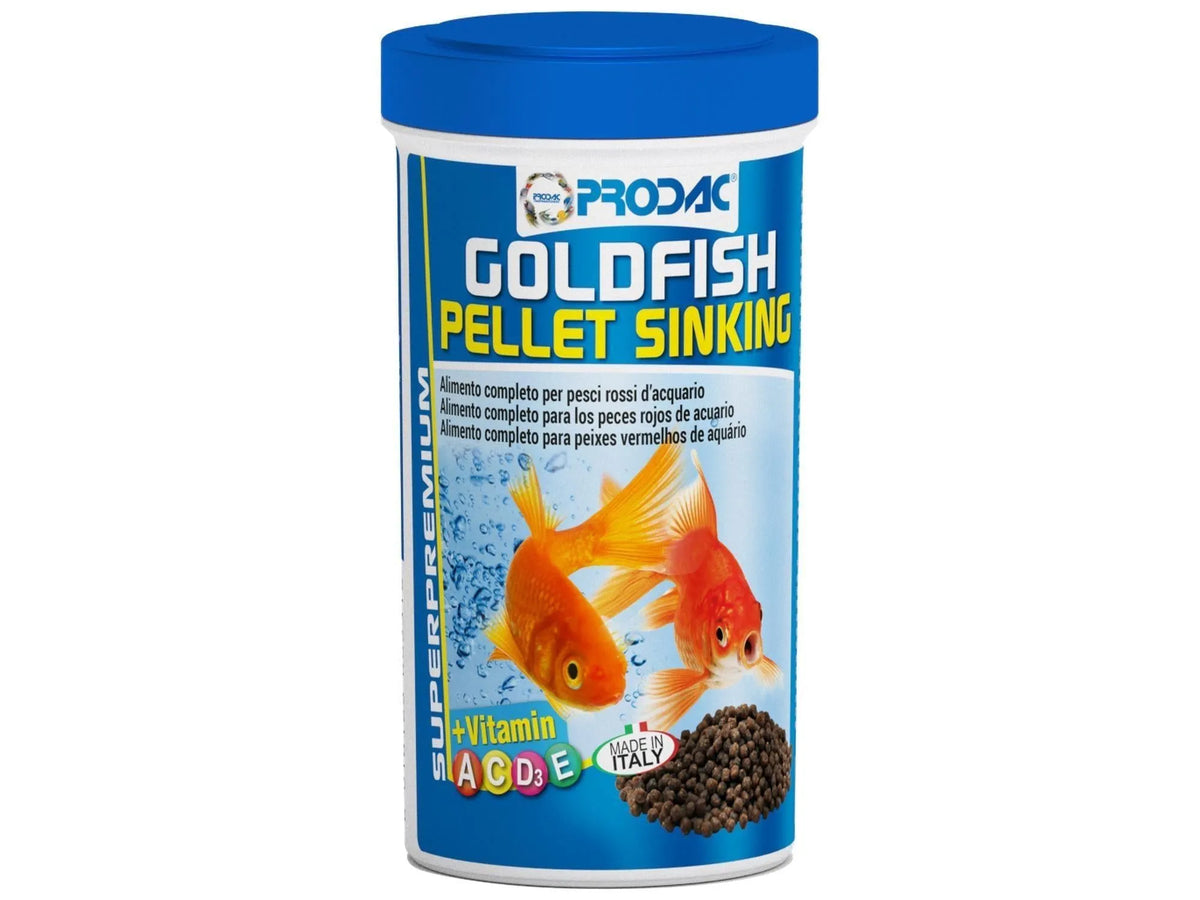 Prodac Goldfish Pellet Sinking fish food in a blue and white container with two goldfish.