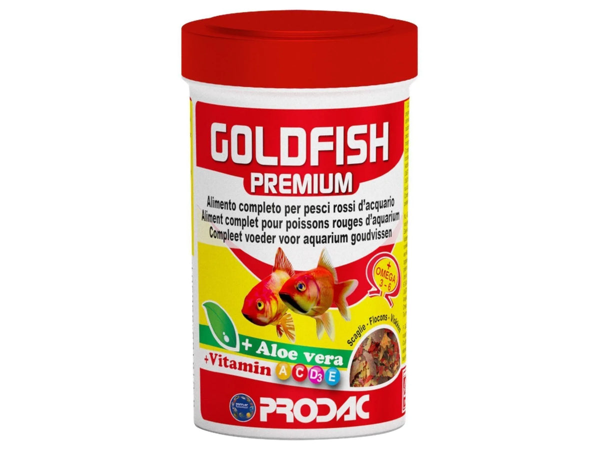 Goldfish Premium flakes 20gr fish food container with red lid, featuring goldfish, aloe vera, and vitamins.