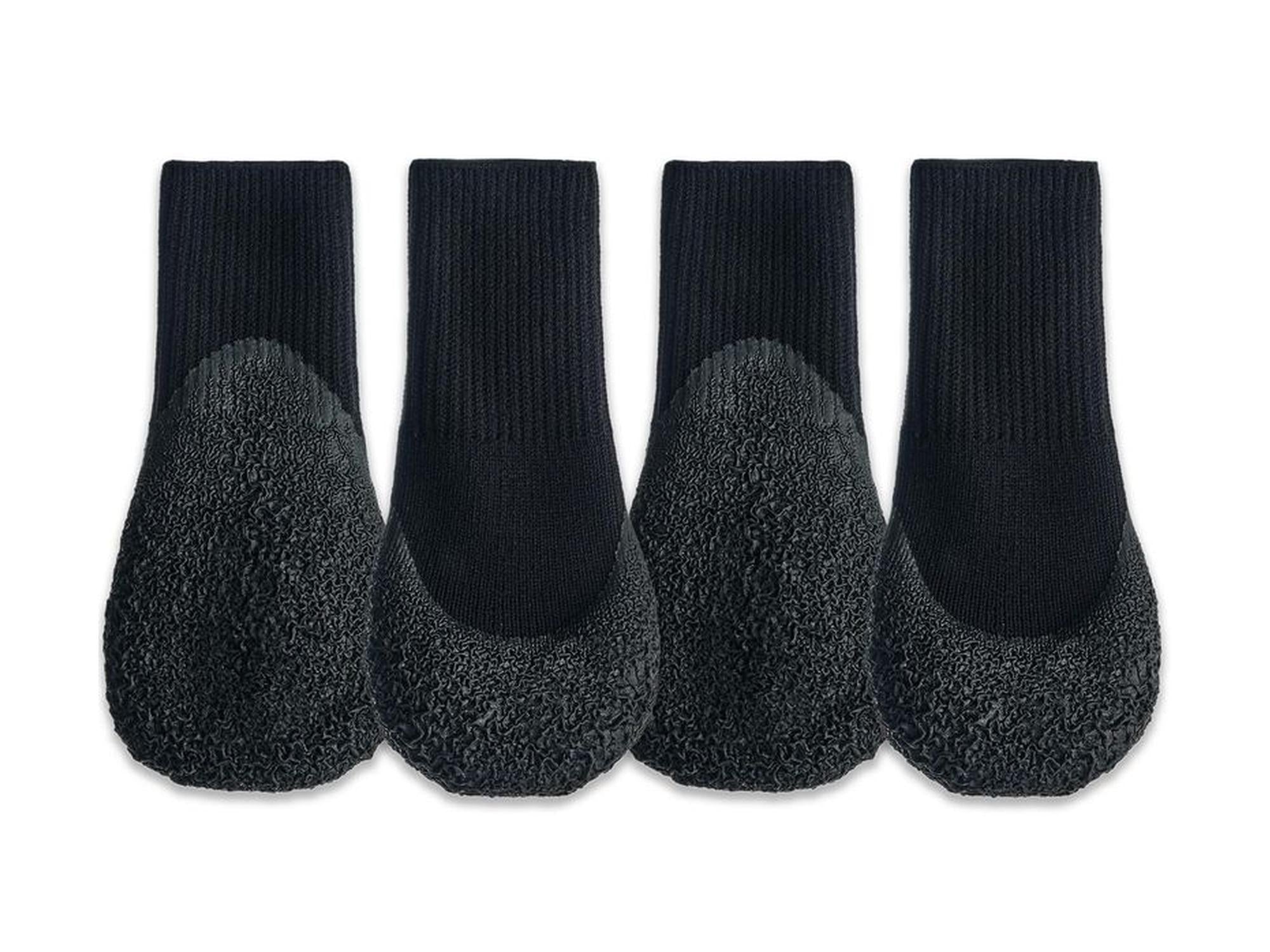 Fire svarte Goo-eez Lites hundesokker med elastisk overdel og strukturert, sklisikker såle.