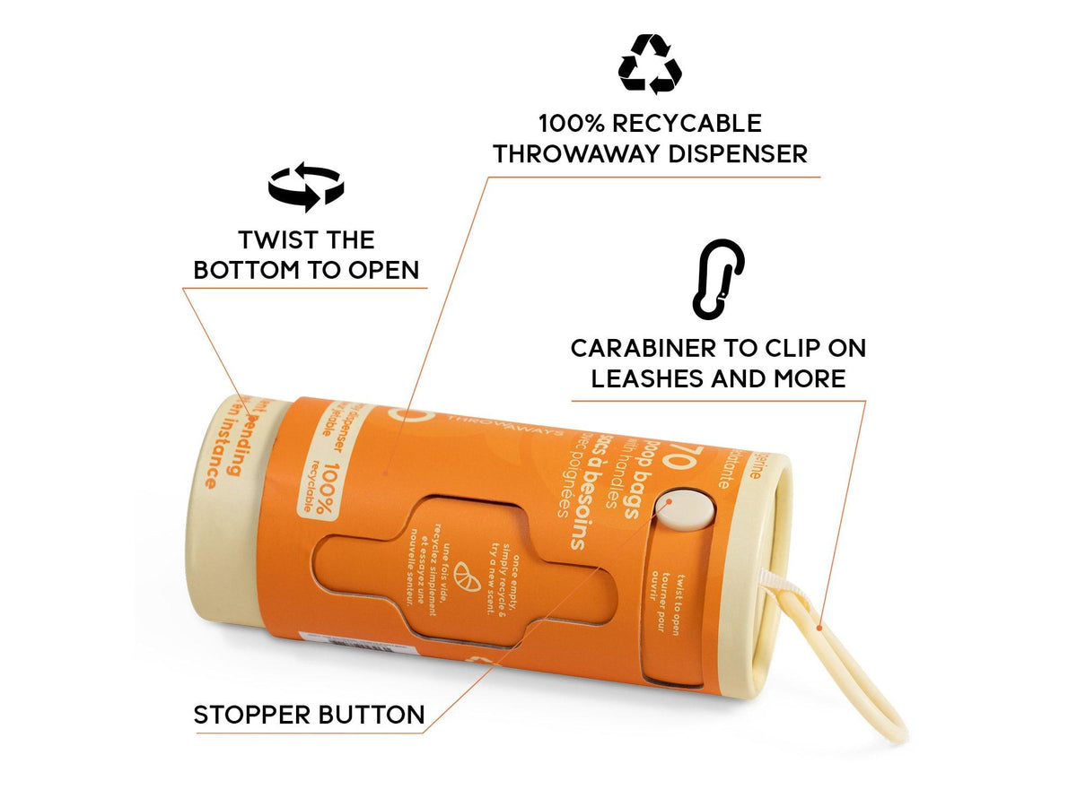 Goo-eez Throwaways hundeposer med dispenser – Tangy Tangerine