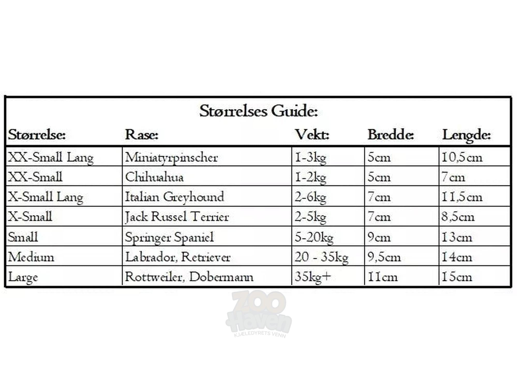 Tabell med utvidet størrelsesguide for hundesokker. Størrelser: XX-Small Lang (Miniatyrpinscher, 1-3 kg, 5 cm bredde, 10,5 cm lengde) XX-Small (Chihuahua, 1-2 kg, 5 cm bredde, 7 cm lengde) X-Small Lang (Italian Greyhound, 2-6 kg, 7 cm bredde, 11,5 cm lengde) X-Small (Jack Russell Terrier, 2-5 kg, 7 cm bredde, 8,5 cm lengde) Small (Springer Spaniel, 5-20 kg, 9 cm bredde, 13 cm lengde) Medium (Labrador, Retriever, 20-35 kg, 9,5 cm bredde, 14 cm lengde) Large (Rottweiler, Dobermann, 35 kg+, 11 cm bredde, 15 