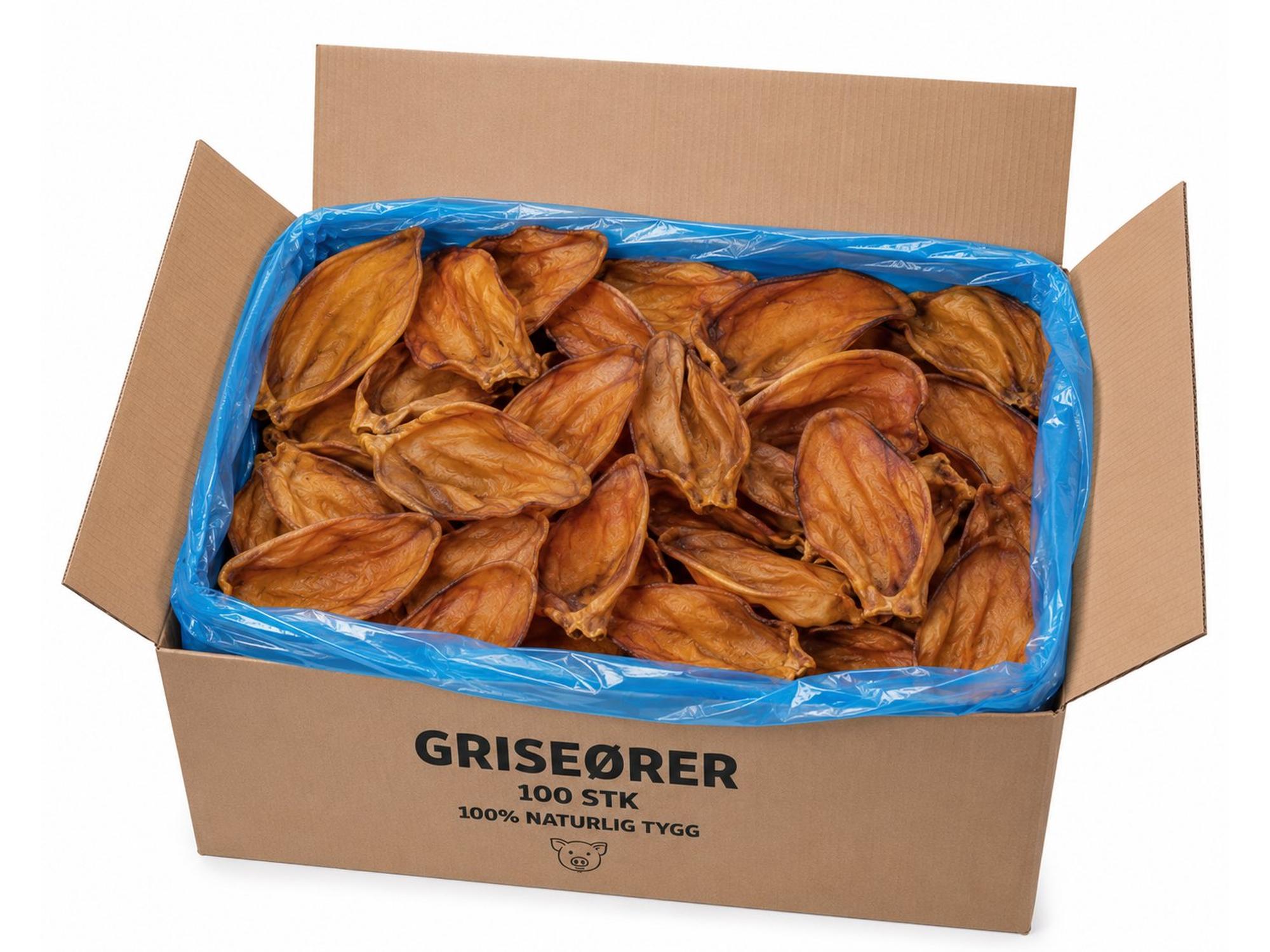 Stor pappeske fylt med 100 naturlige, tørkede griseører til hund, pakket i en blå plastpose.