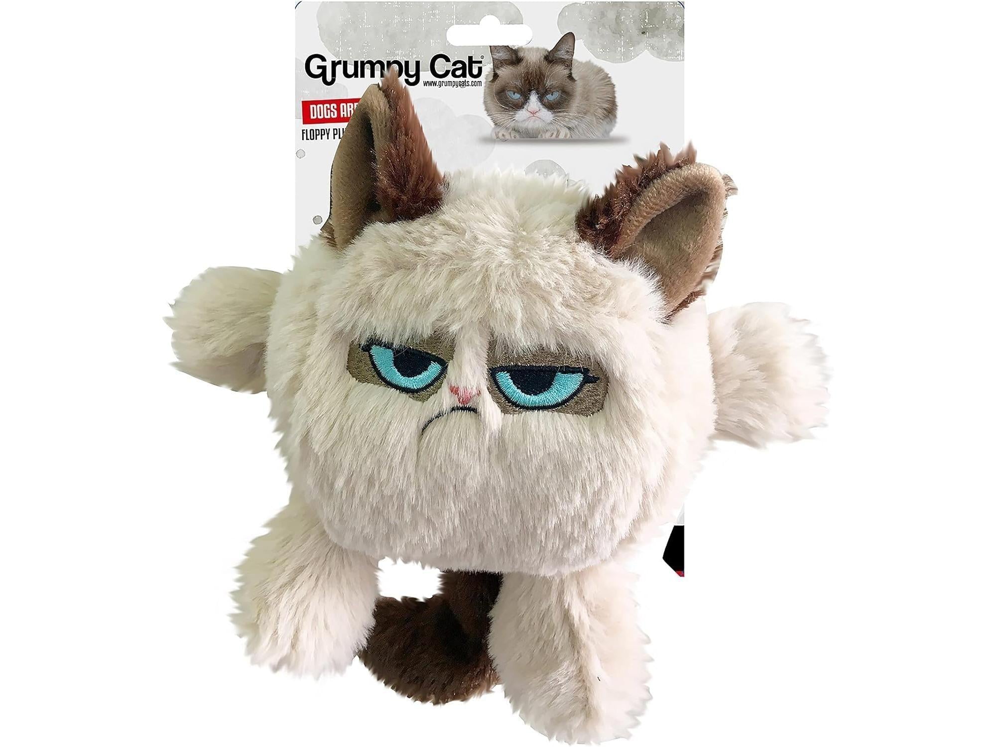 Grumpy Cat plysj hundeleke, 20 cm, med ikonisk småsurt uttrykk, hvit og brun.