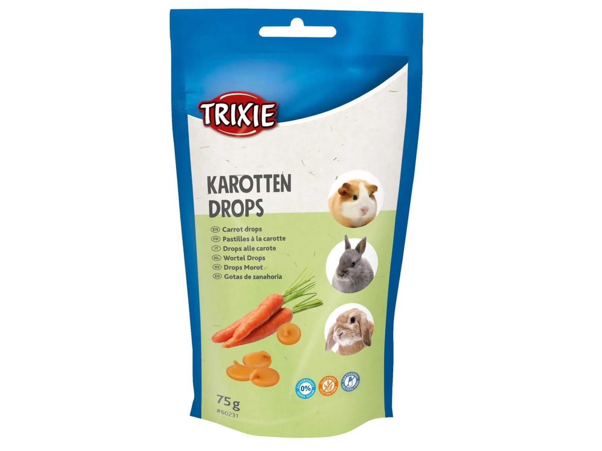 Trixie Karotten Drops 75g pose med gulrøtter og gnagere, blå og hvit emballasje.