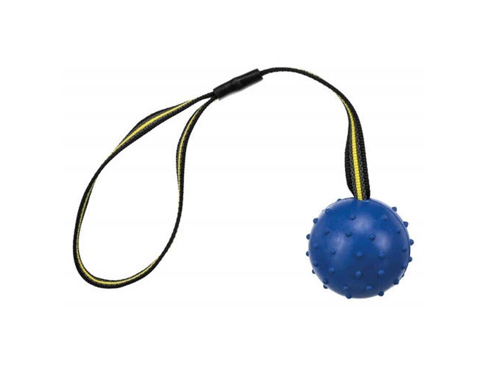 Blå gummiball med pigger og svart-gul nylonstropp, 6 cm diameter, for apportlek.