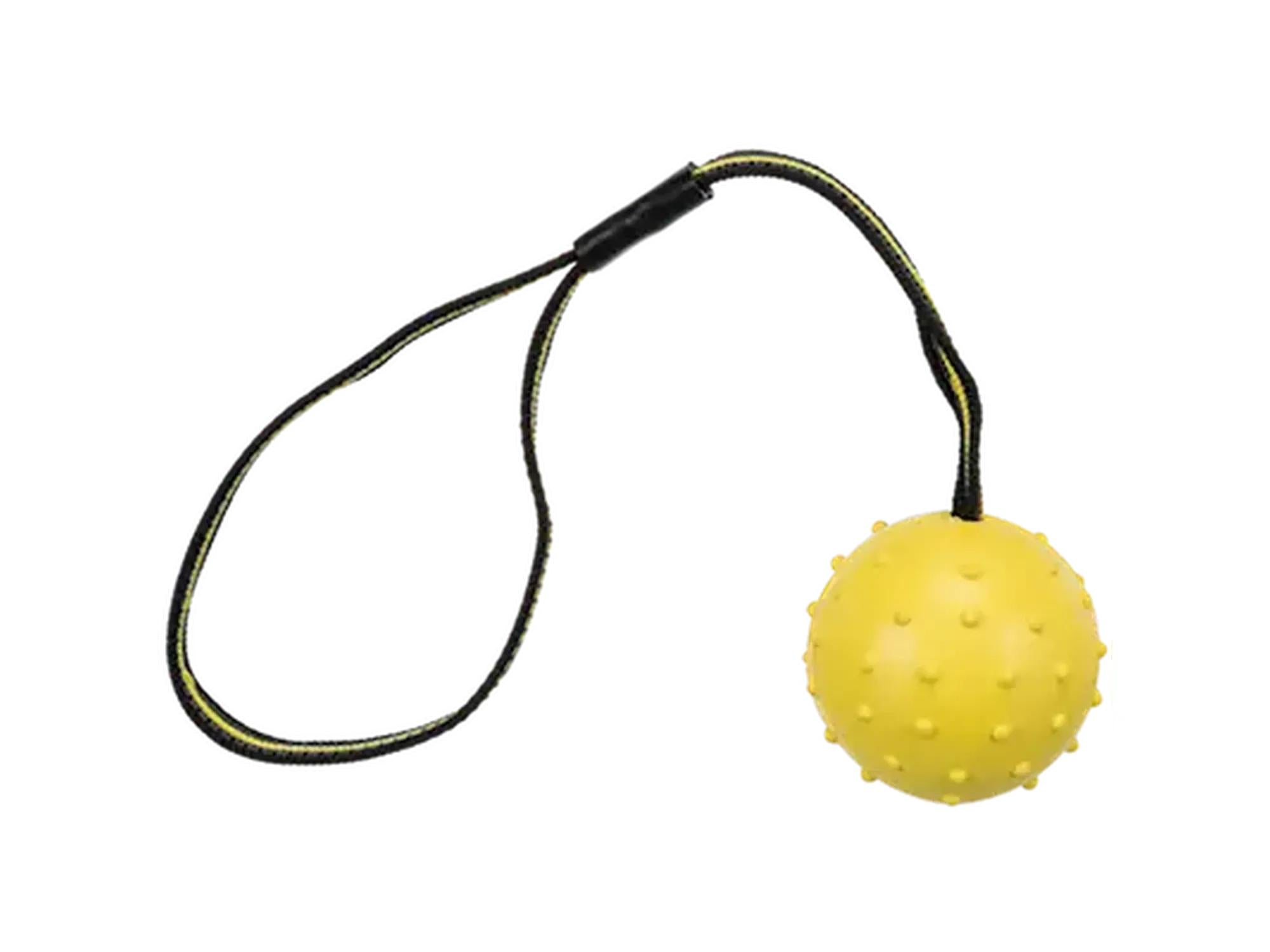 Gul gummiball med pigger og svart/gul nylonstropp, 6 cm diameter, for apportlek.
