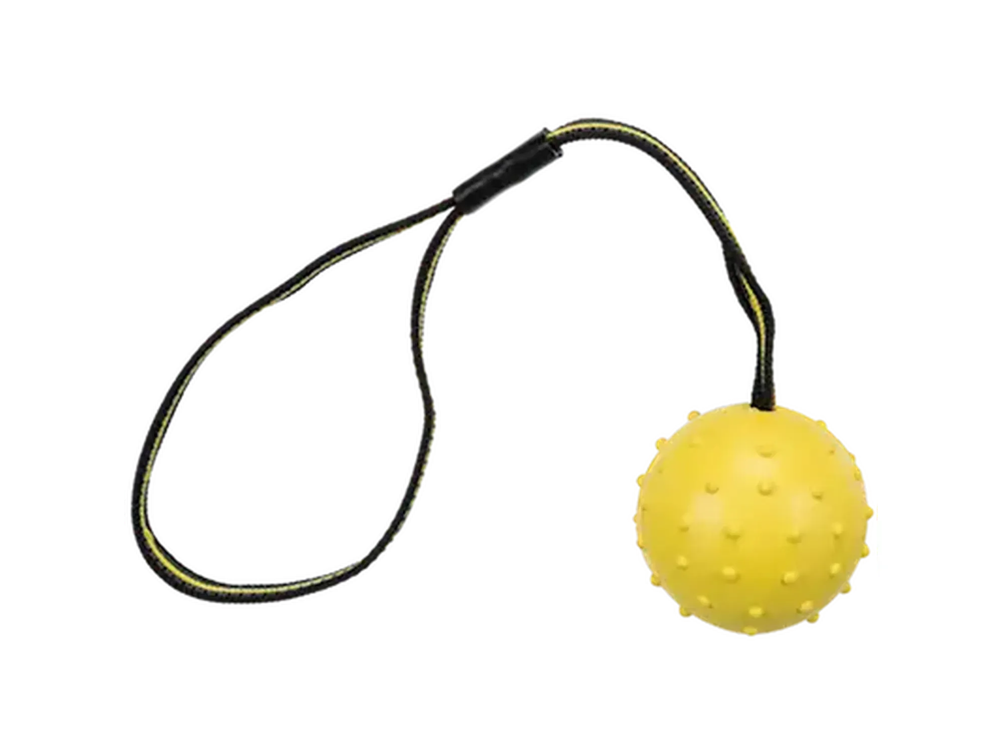 Gul gummiball med pigger og svart/gul nylonstropp, 6 cm diameter, for apportlek.