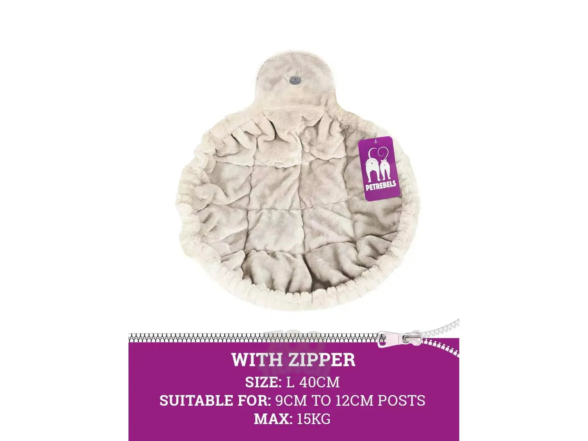 Beige, rund Sleeper ZIP hengekøye i supermyk plysj for klorestativ, med glidelåsfeste. L 40cm.