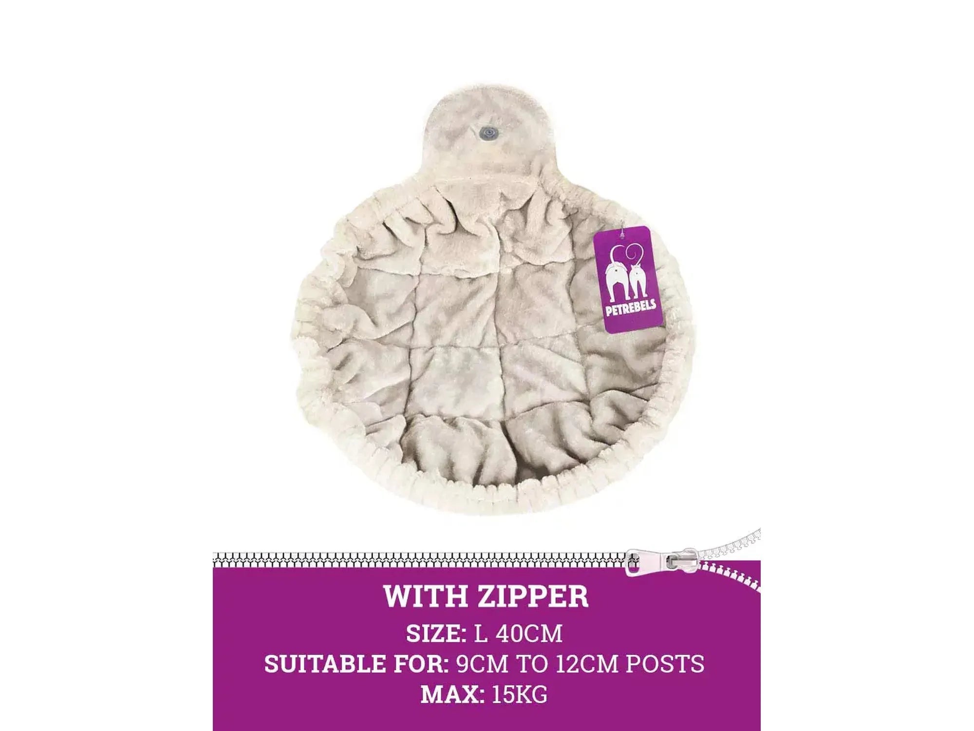 Beige, rund Sleeper ZIP hengekøye i supermyk plysj for klorestativ, med glidelåsfeste. L 40cm.