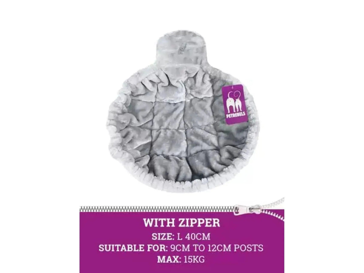 Grå, rund Sleeper ZIP hengekøye i myk plysj for klorestativ, L 40cm, med glidelåsfeste.