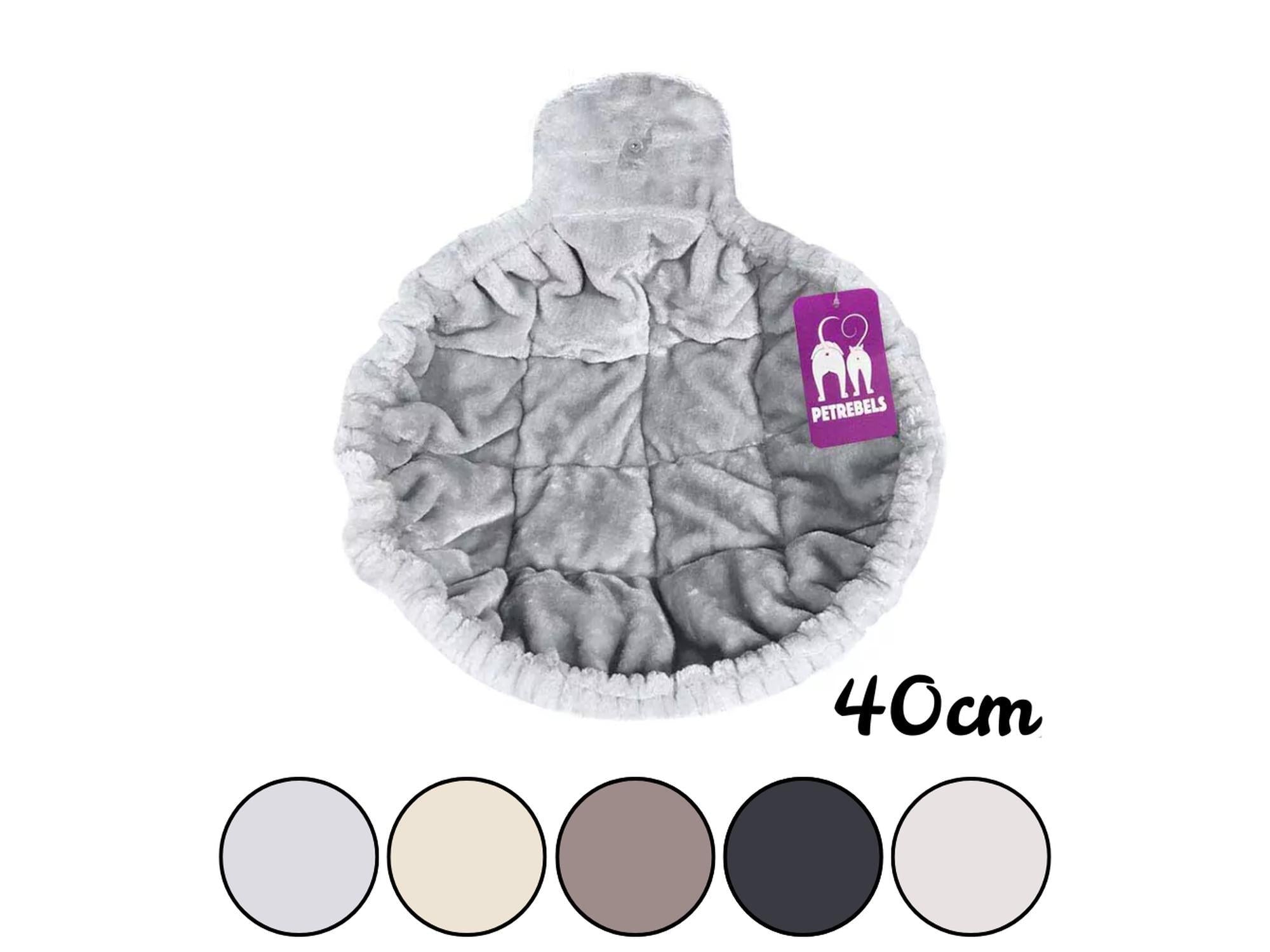 Grå, rund 40cm Sleeper ZIP hengekøye i supermyk plysj for klorestativ, med Petrebels-merke.
