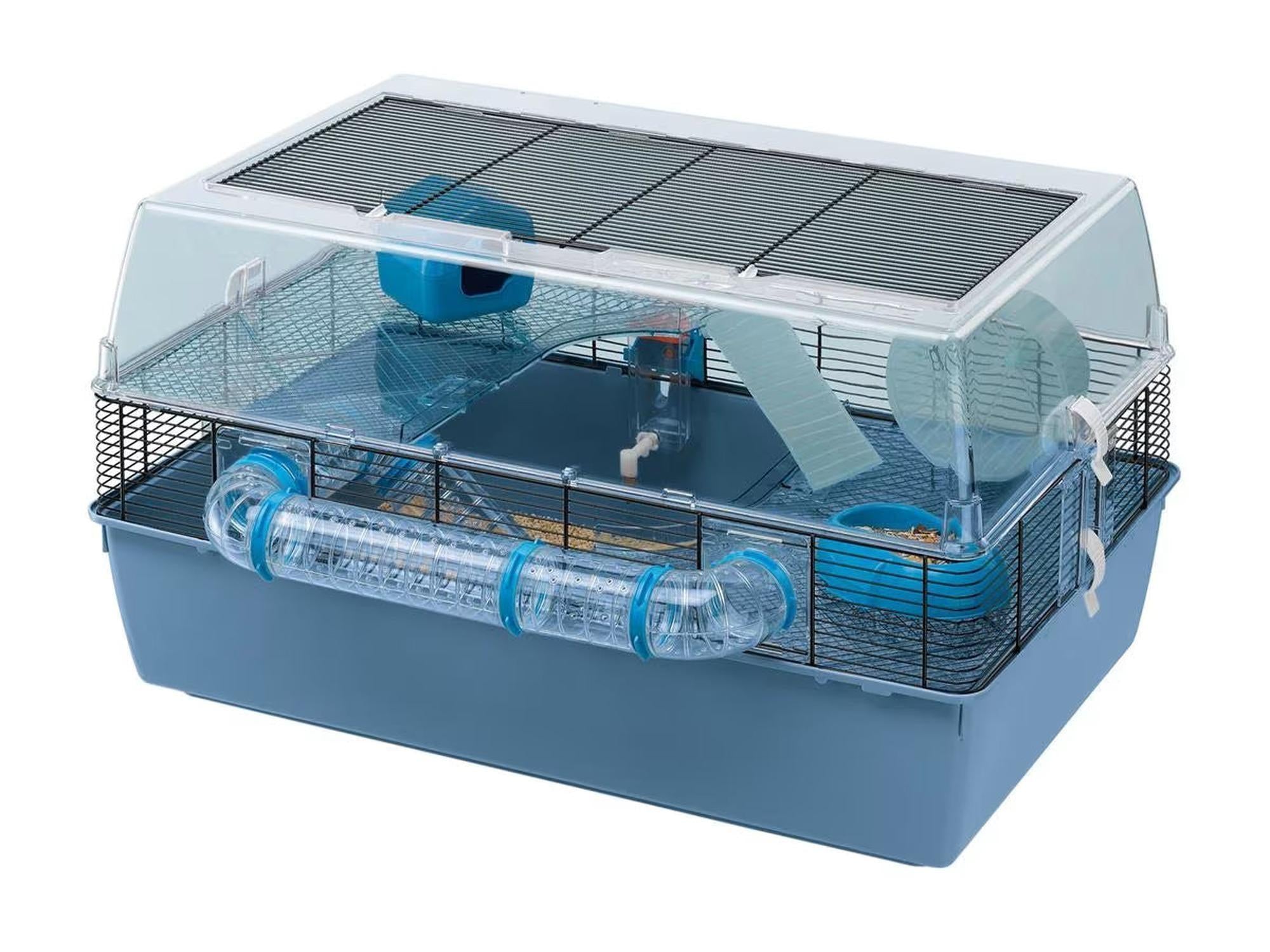 Blått og transparent Duna Fun Large hamsterbur med metallgitter, løpehjul, rør og tilbehør.