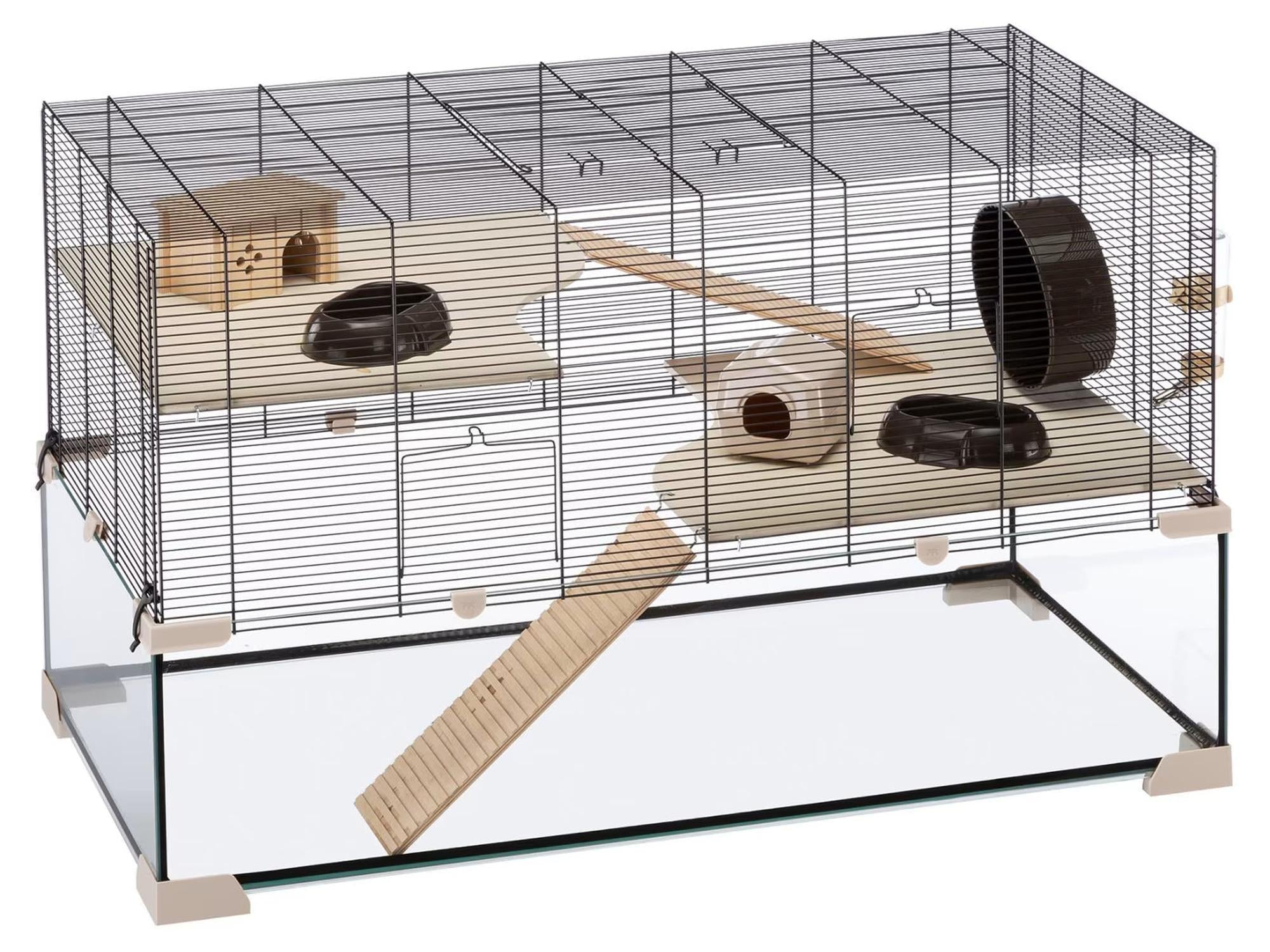 Romslig hamsterbur Karat 100 med glassbunn, svart gitter, to trehyller, ramper og tilbehør.