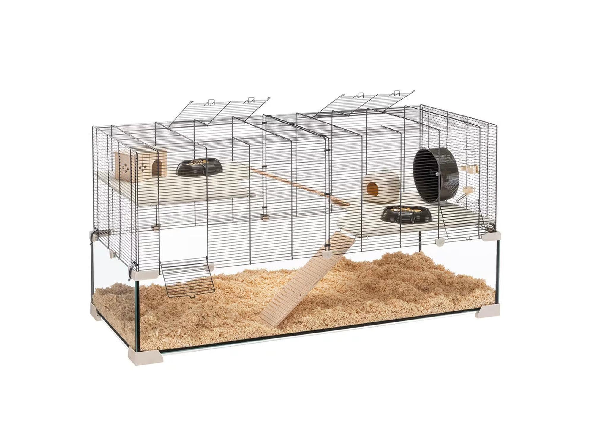 Stort hamsterbur Karat 80 med glassbunn, metallgitter, to etasjer, rampe, hus og hjul.