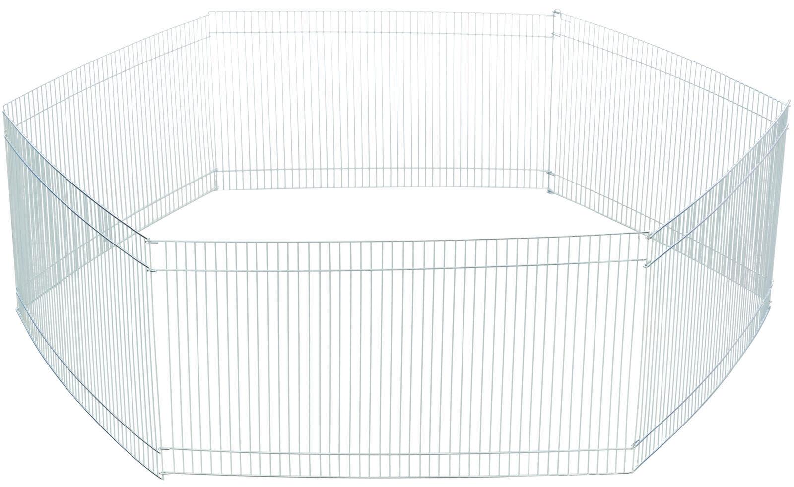 Sølvfarget, sekskantet løpegård i galvanisert metall for hamster og smådyr, 48x25 cm elementer.