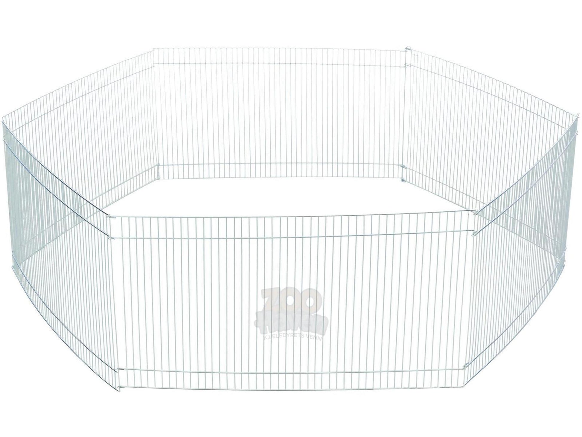 Sølvfarget, sekskantet løpegård i galvanisert metall for hamster og smådyr, 48x25 cm elementer.