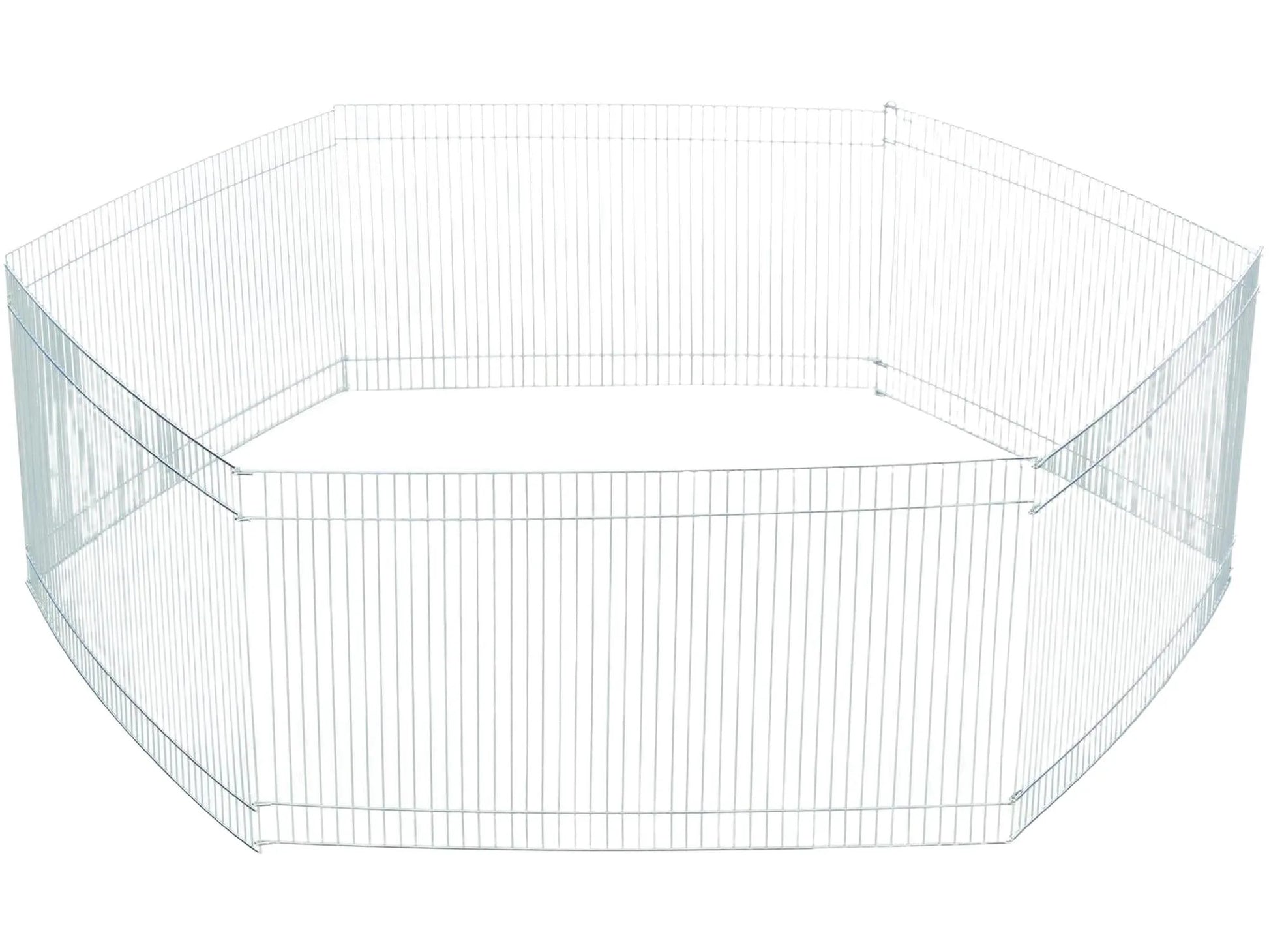 Sølvfarget, sekskantet løpegård i galvanisert metall for hamster og smådyr, 48x25 cm elementer.