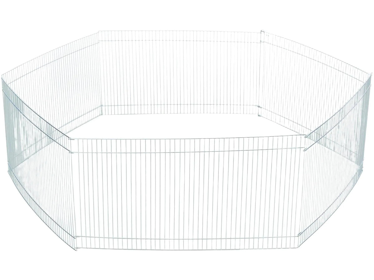 Sølvfarget, sekskantet løpegård i galvanisert metall for hamster og smådyr, 48x25 cm elementer.
