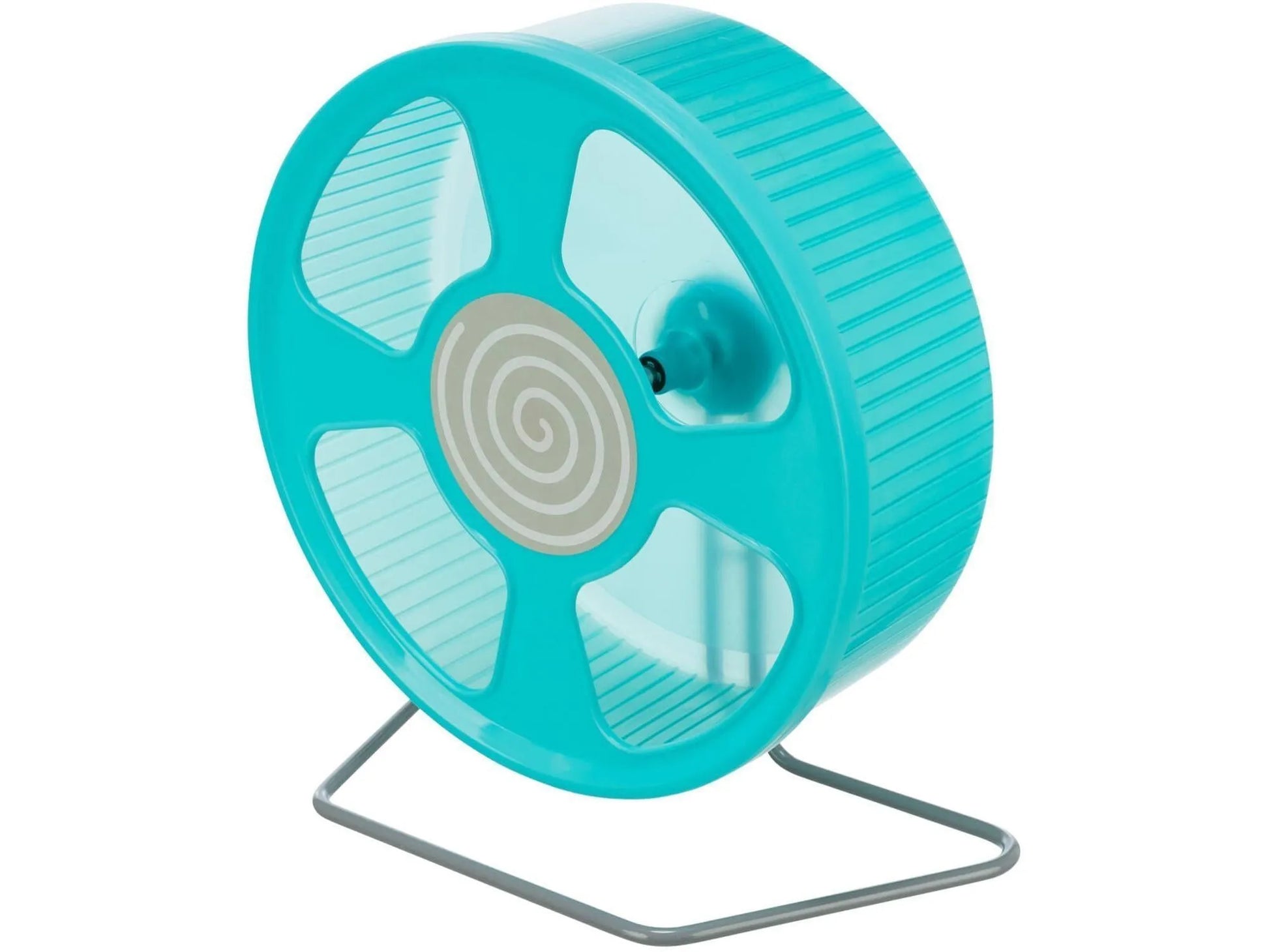 Turkis hamsterhjul i plast, 20 cm diameter, med grått stativ og solid løpeflate.