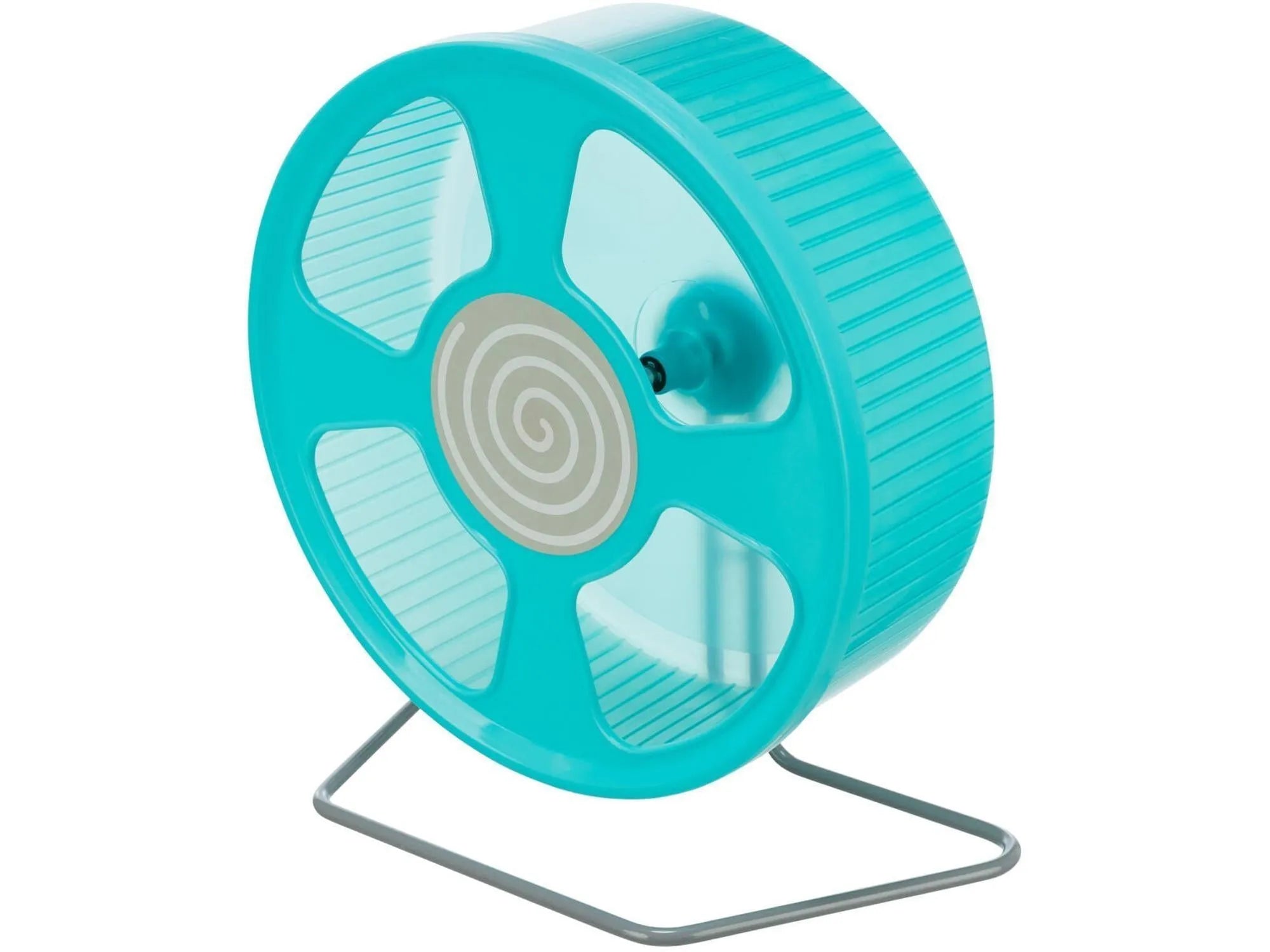 Turkis hamsterhjul i plast, 20 cm diameter, med grått stativ og solid løpeflate.