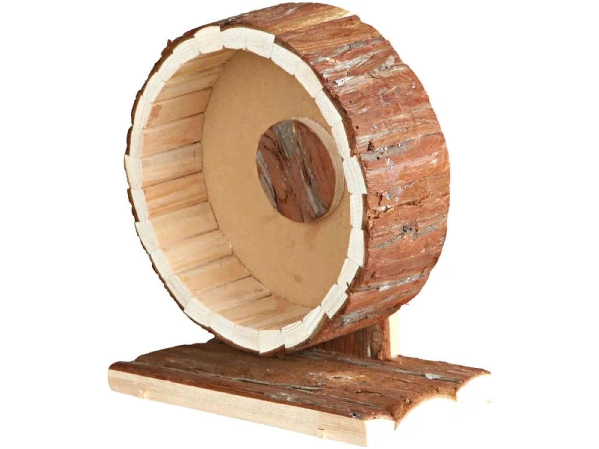 Hamsterhjul i furu med bark, 20 cm diameter, på solid trestativ.