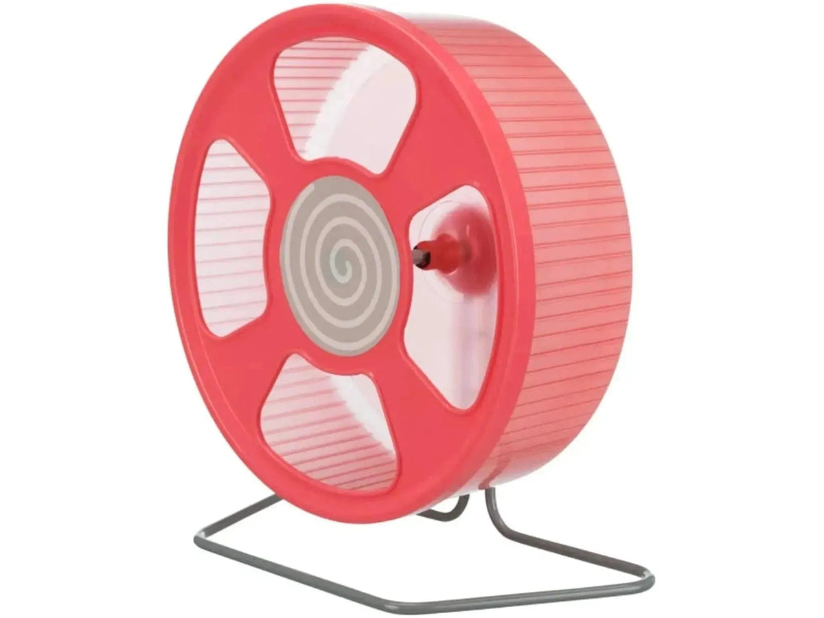 Rødt hamsterhjul i plast med 33 cm diameter og grått stativ for frittstående bruk.