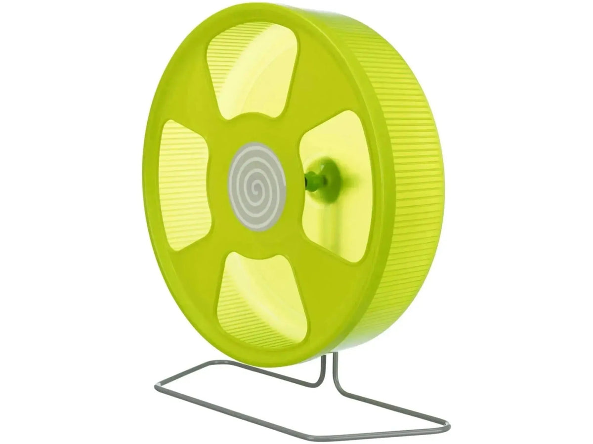 Grønt hamsterhjul i plast med 33 cm diameter og grått metallstativ.