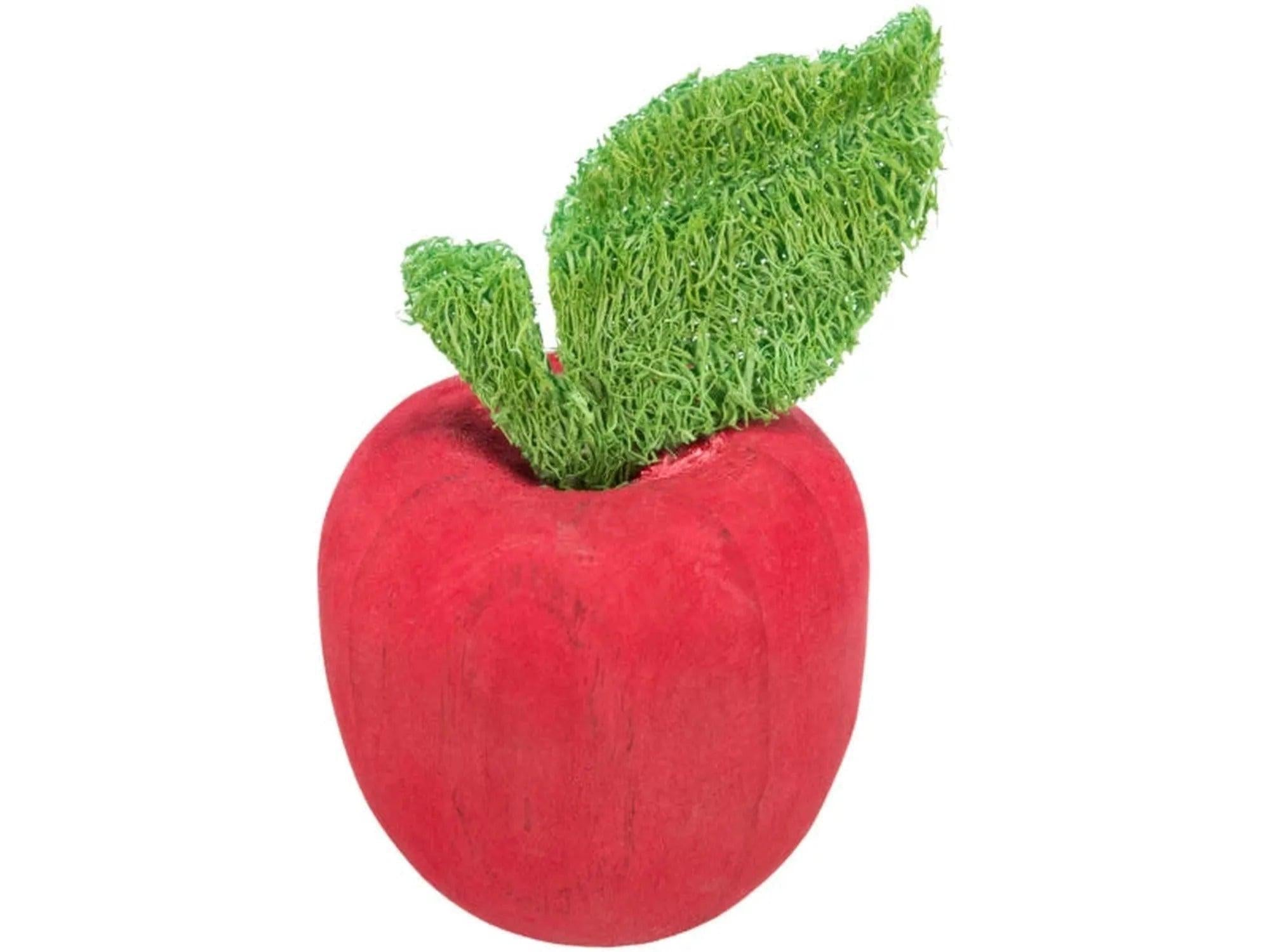 Rød epleformet hamsterleke i tre med grønt loofa-blad, for gnagere.