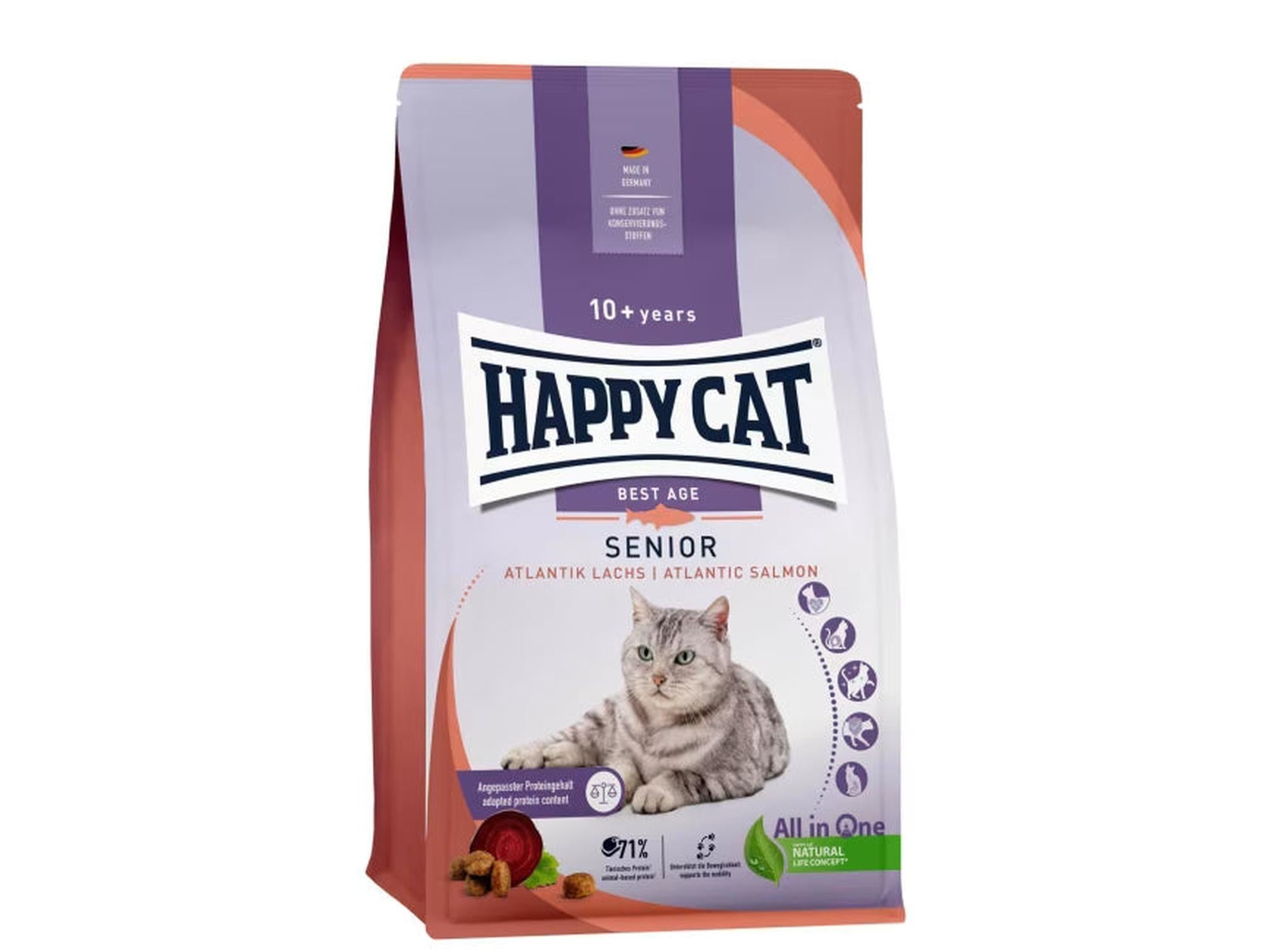Happy Cat Best Age Senior Atlantik-Laks 10+ years kattemat i lilla og hvit pose med grå katt.