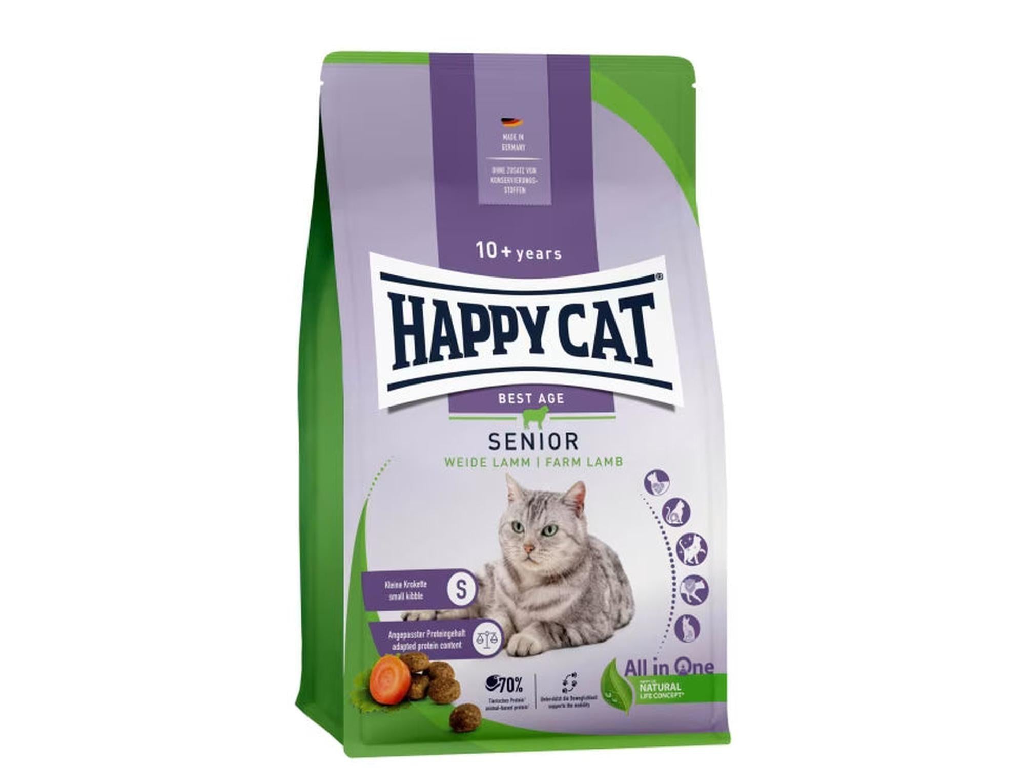 Happy Cat Best Age Senior Lam 1,3kg/4kg kattemat i grønn og lilla pose med grå katt.