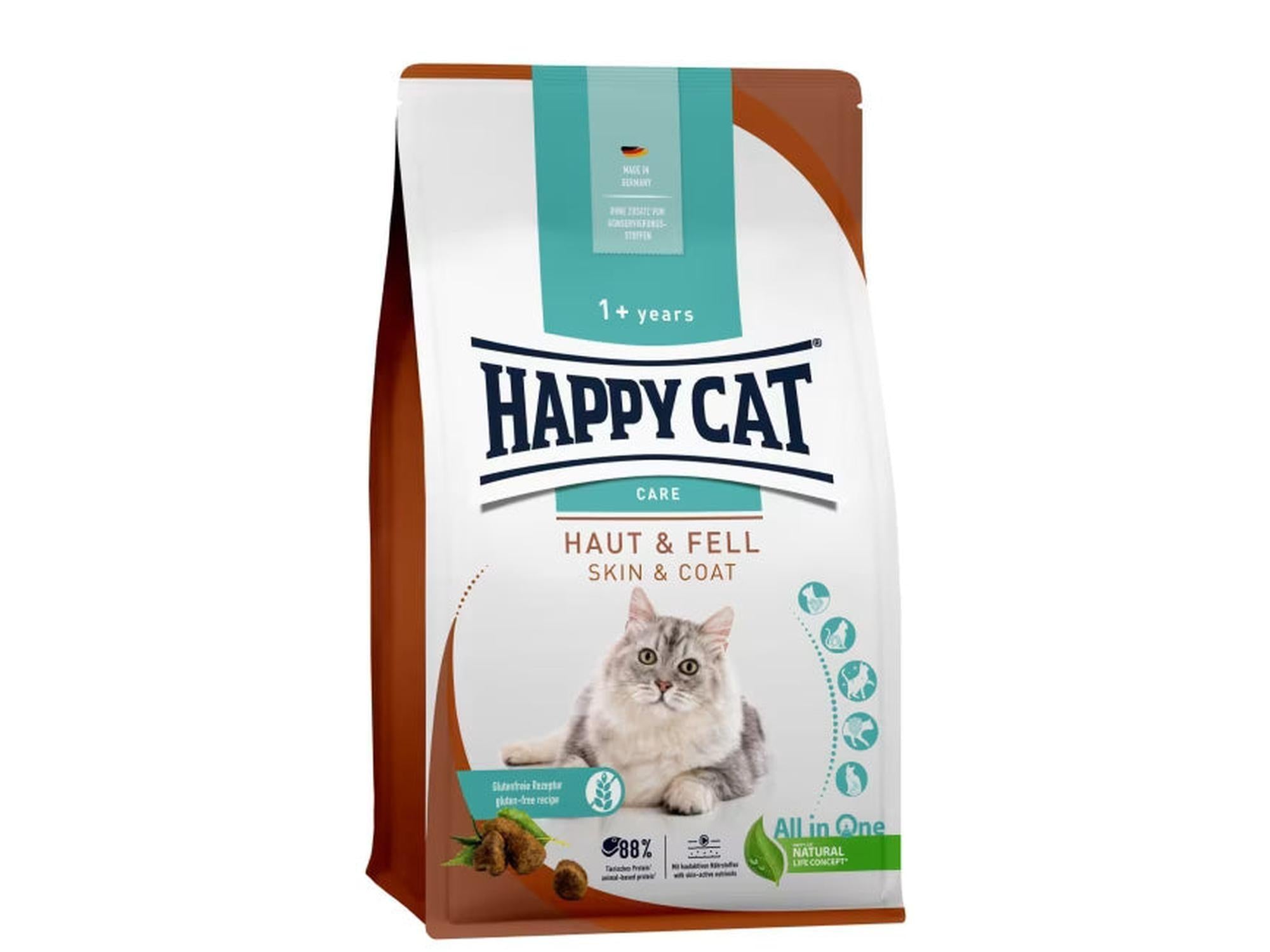 Happy Cat Care Adult Hud & Pels 1,3kg kattematpose med grå katt, brun og turkis design.