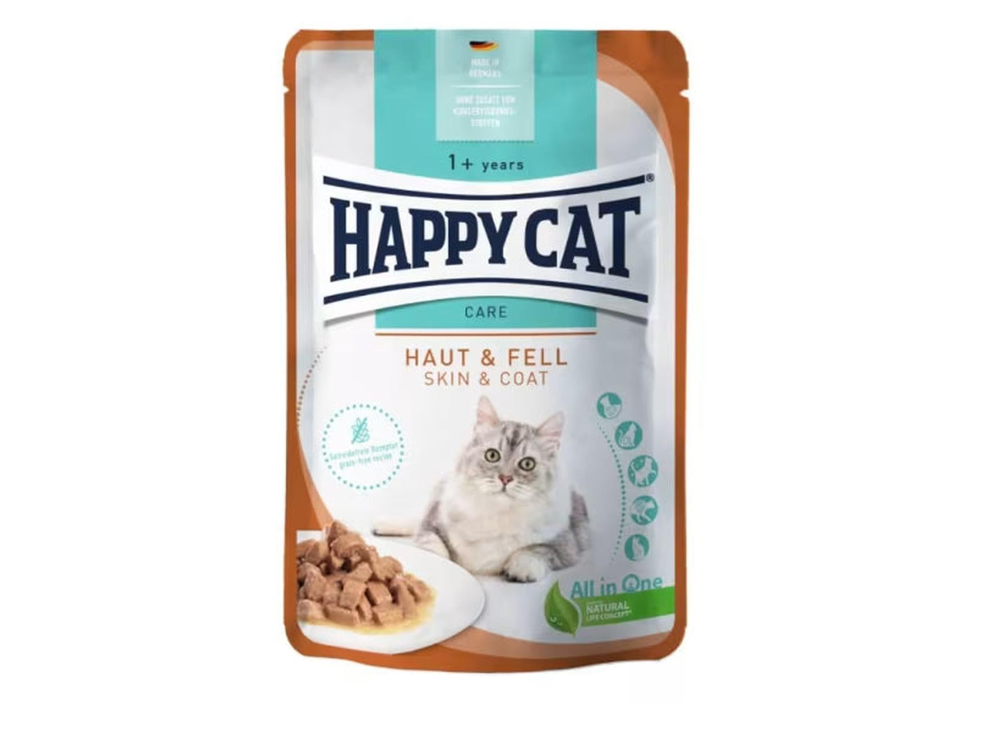 Happy Cat Care Adult Hud & Pels våtfôr porsjonspose med katt, fôr og laks/fjærkre design.