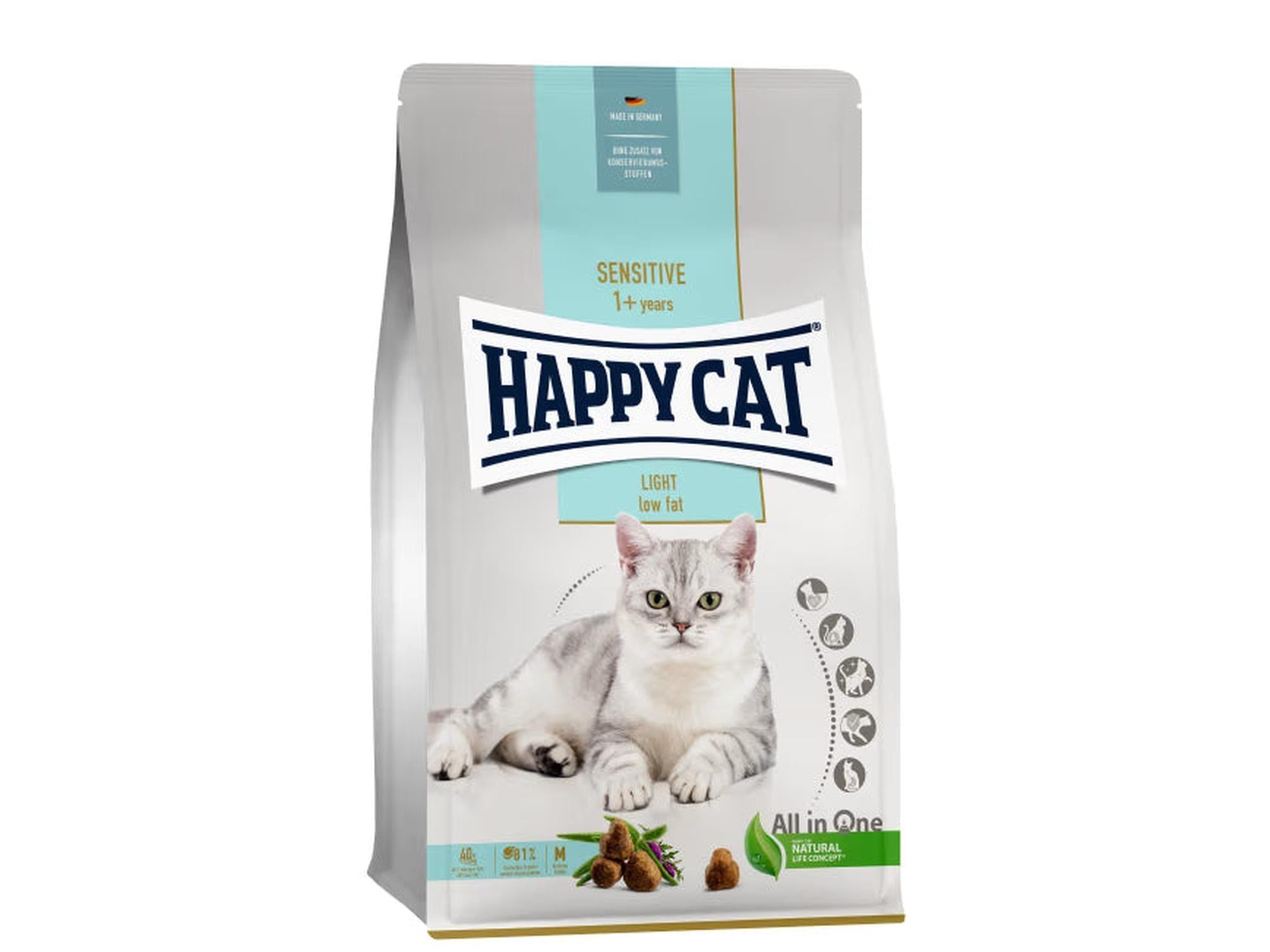 Happy Cat Care Adult Light kattematpose med en sølvgrå katt, grønn og blå design.