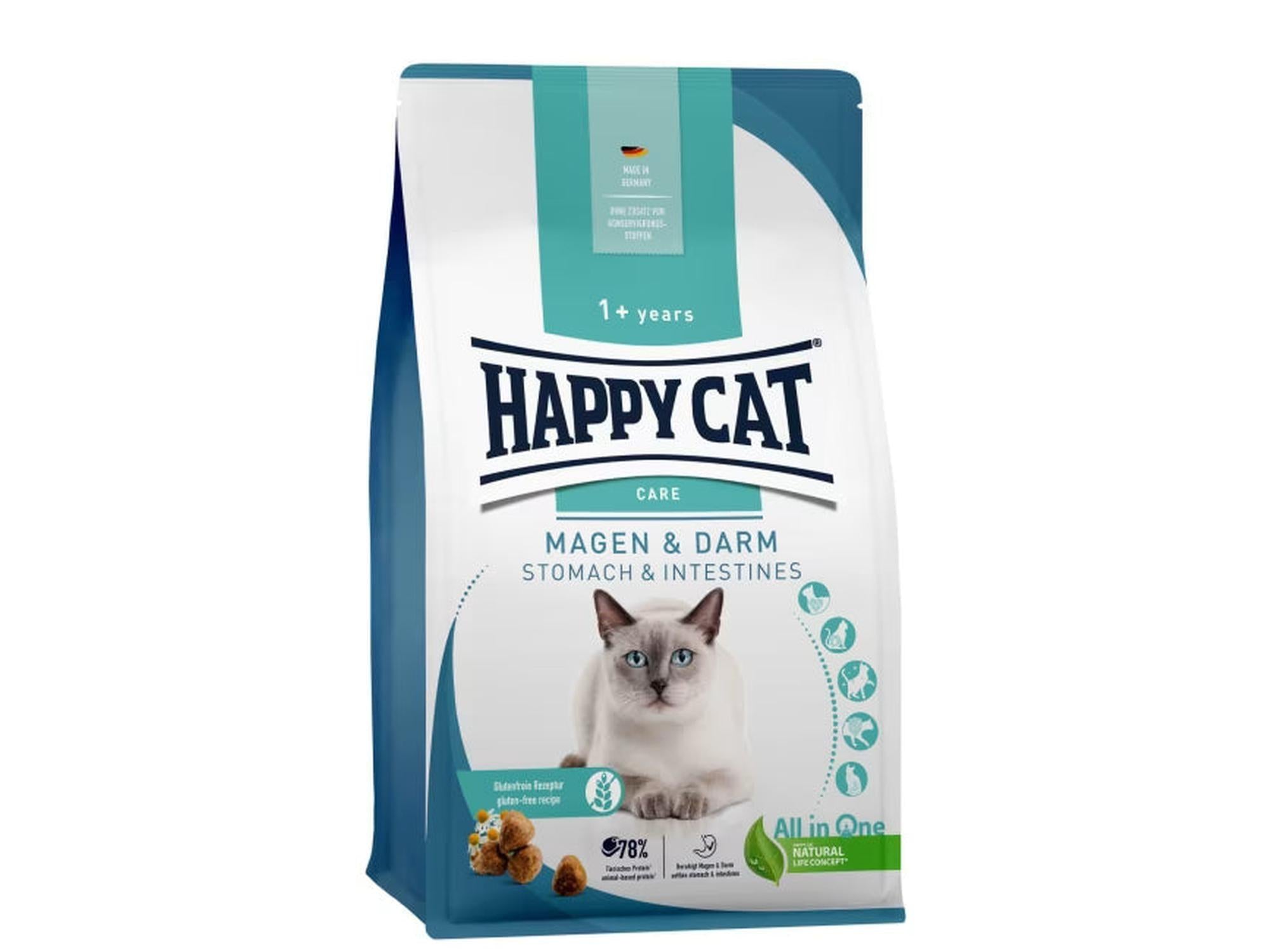 Happy Cat Care Mage & Tarm glutenfri kattemat i hvit og blå pose med siamesisk katt.