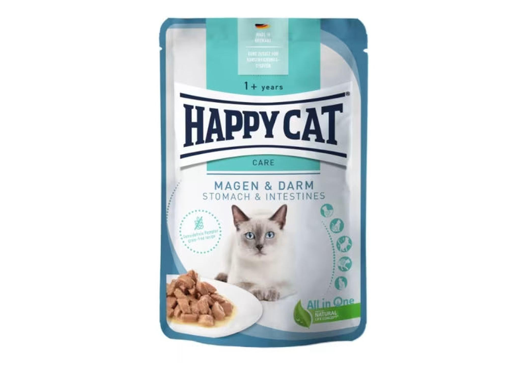 Happy Cat Care Mage & Tarm våtfôr porsjonspose med katt og kjøttbiter.