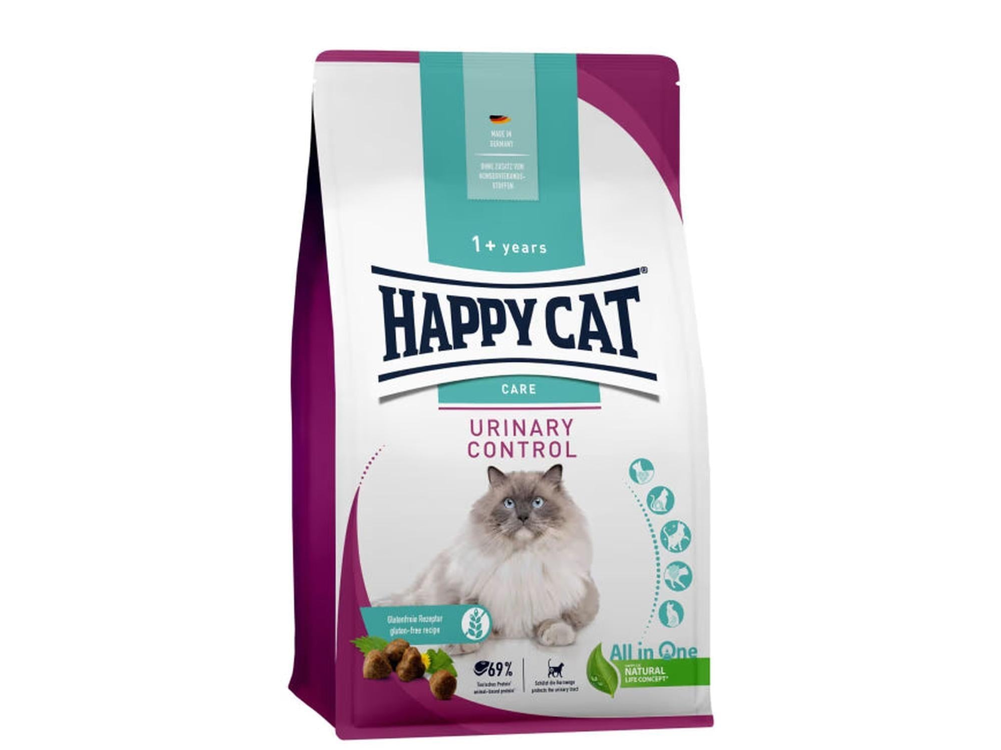 Happy Cat Care Urinary Control 1,3kg kattemat i hvit og lilla pose med Ragdoll-katt.