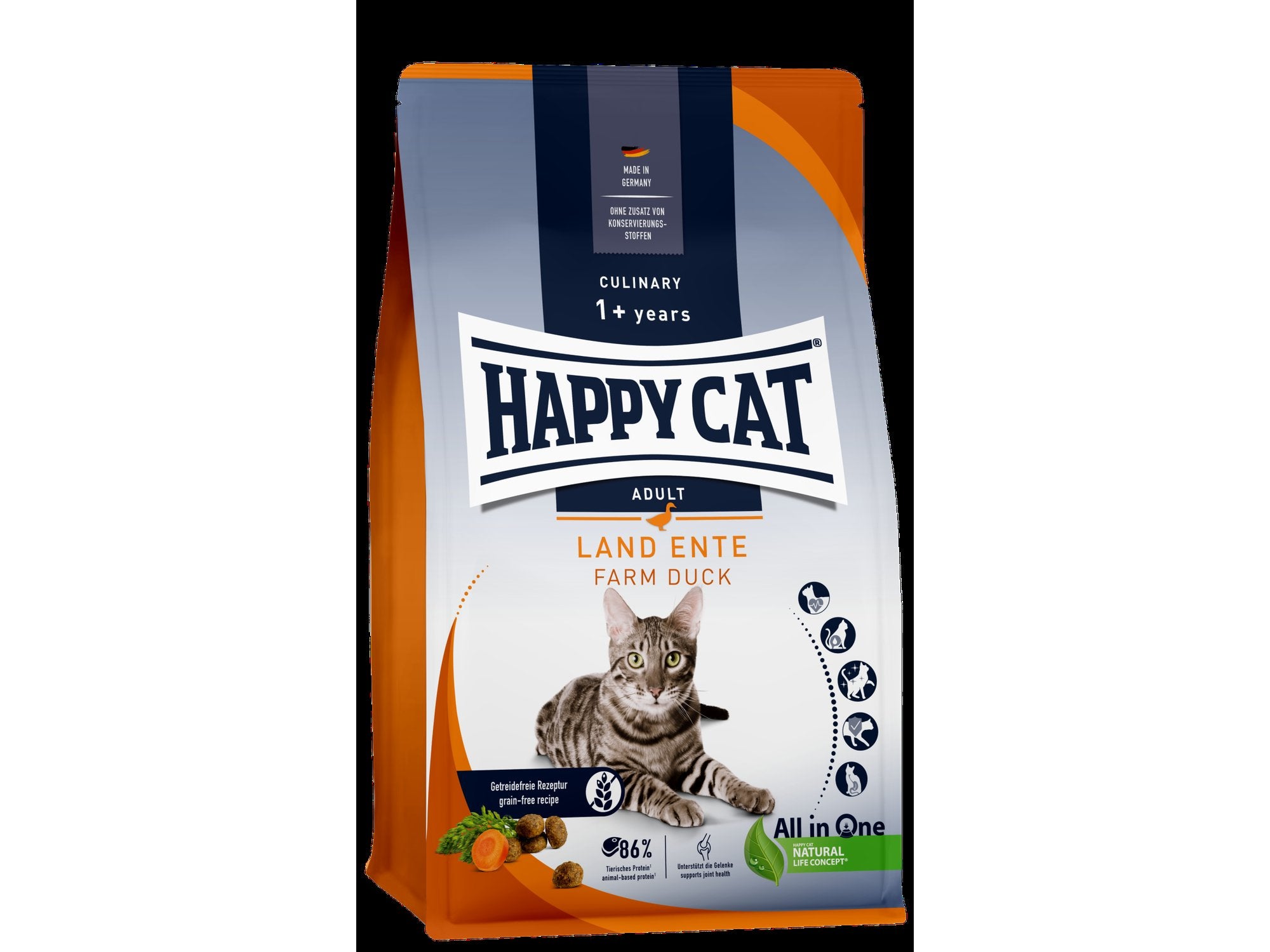 Happy Cat Culinary Adult Land Ente 4kg kornfri kattemat med and, gulrøtter og en gråstripet katt.