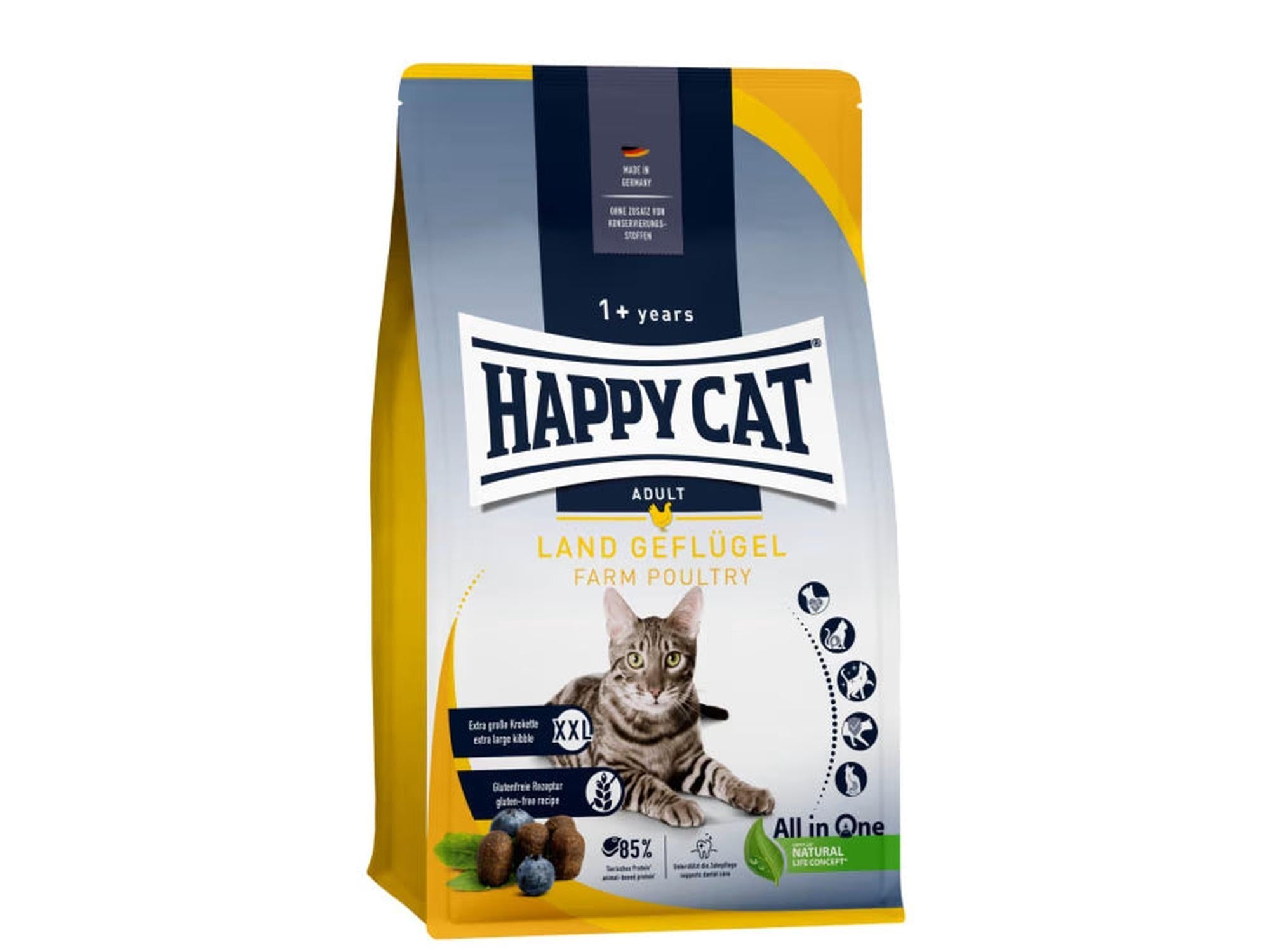 Happy Cat Adult Land Geflügel kattemat i gul og hvit pose med en stripete katt og blåbær.