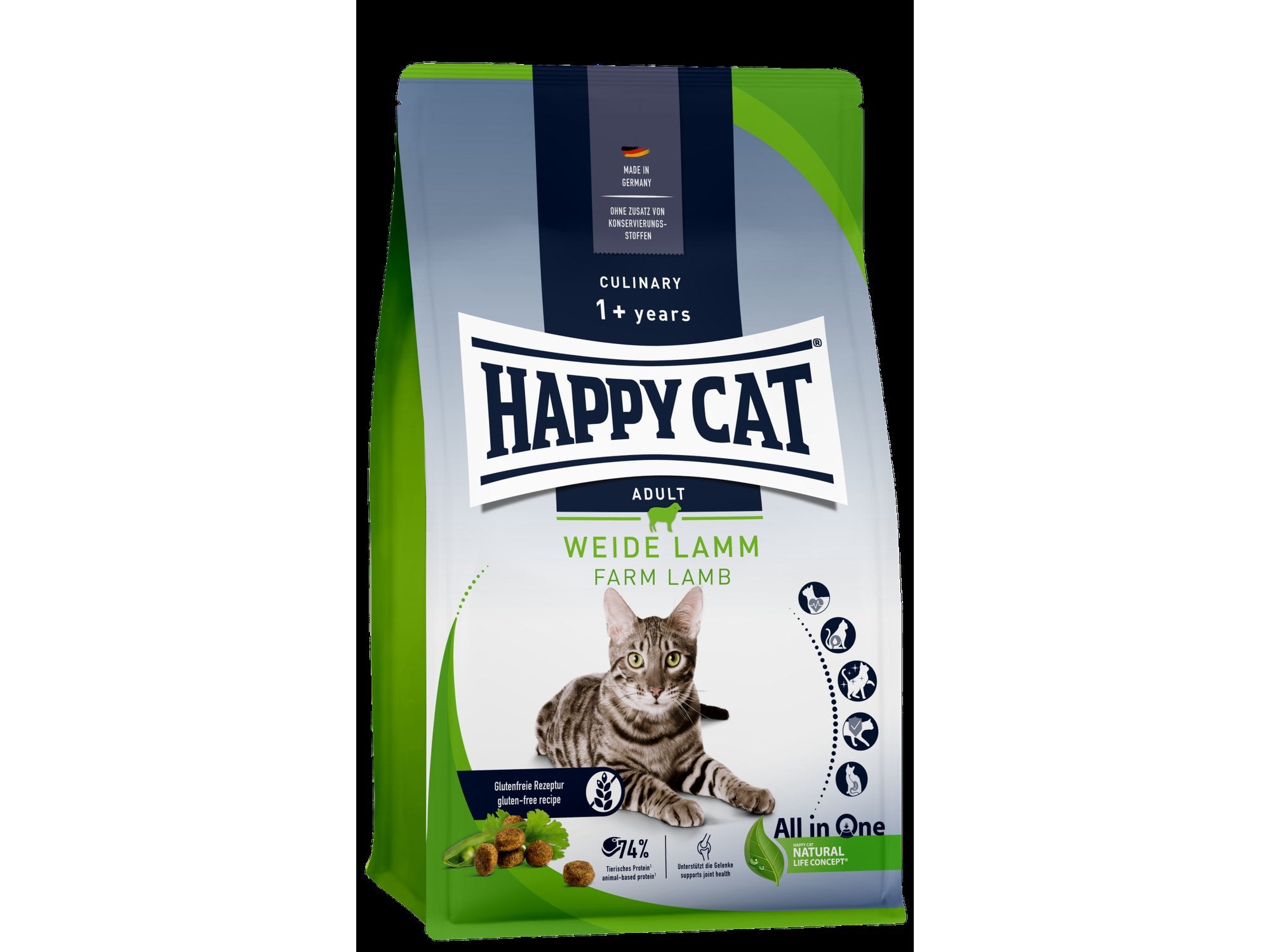 Happy Cat Culinary Adult Weide Lamm 1+ years kattematsekk med grå katt, grønne erter og lam.