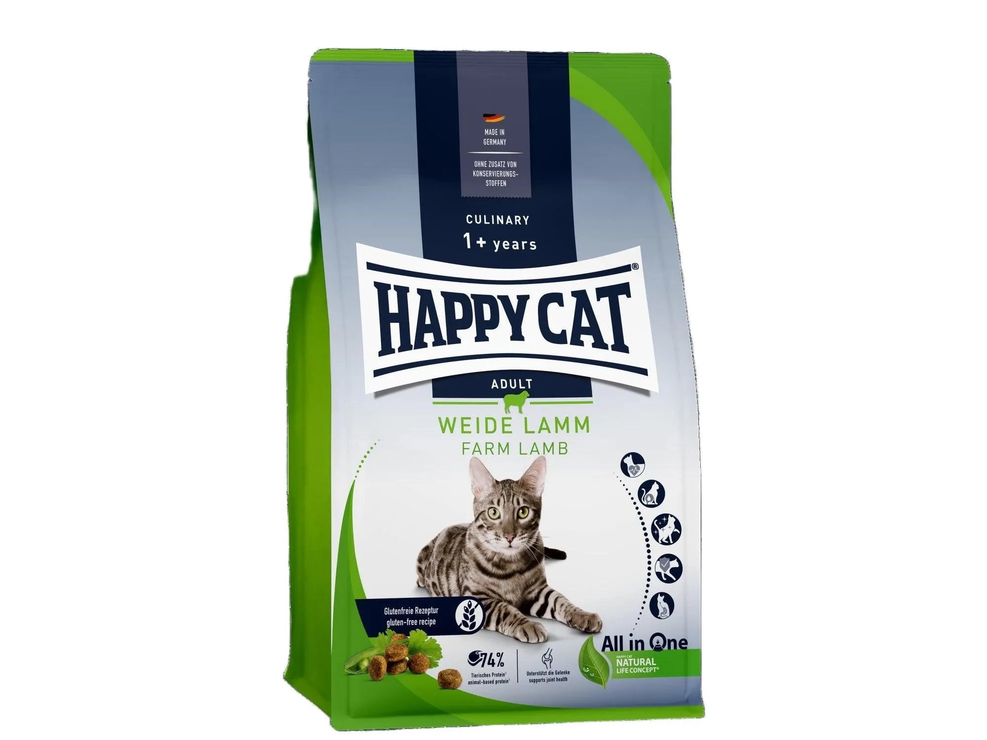 Happy Cat Culinary Adult Weide Lamm 1+ years kattematsekk med grå katt, grønne erter og lam.