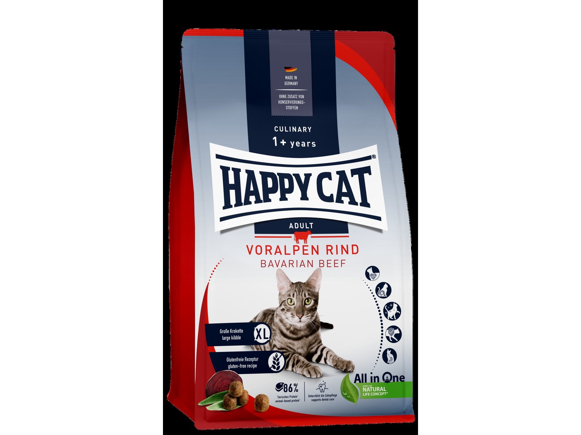 Happy Cat Culinary Adult Bavarian Beef kattemat i rød og grå pose med en stripete katt.