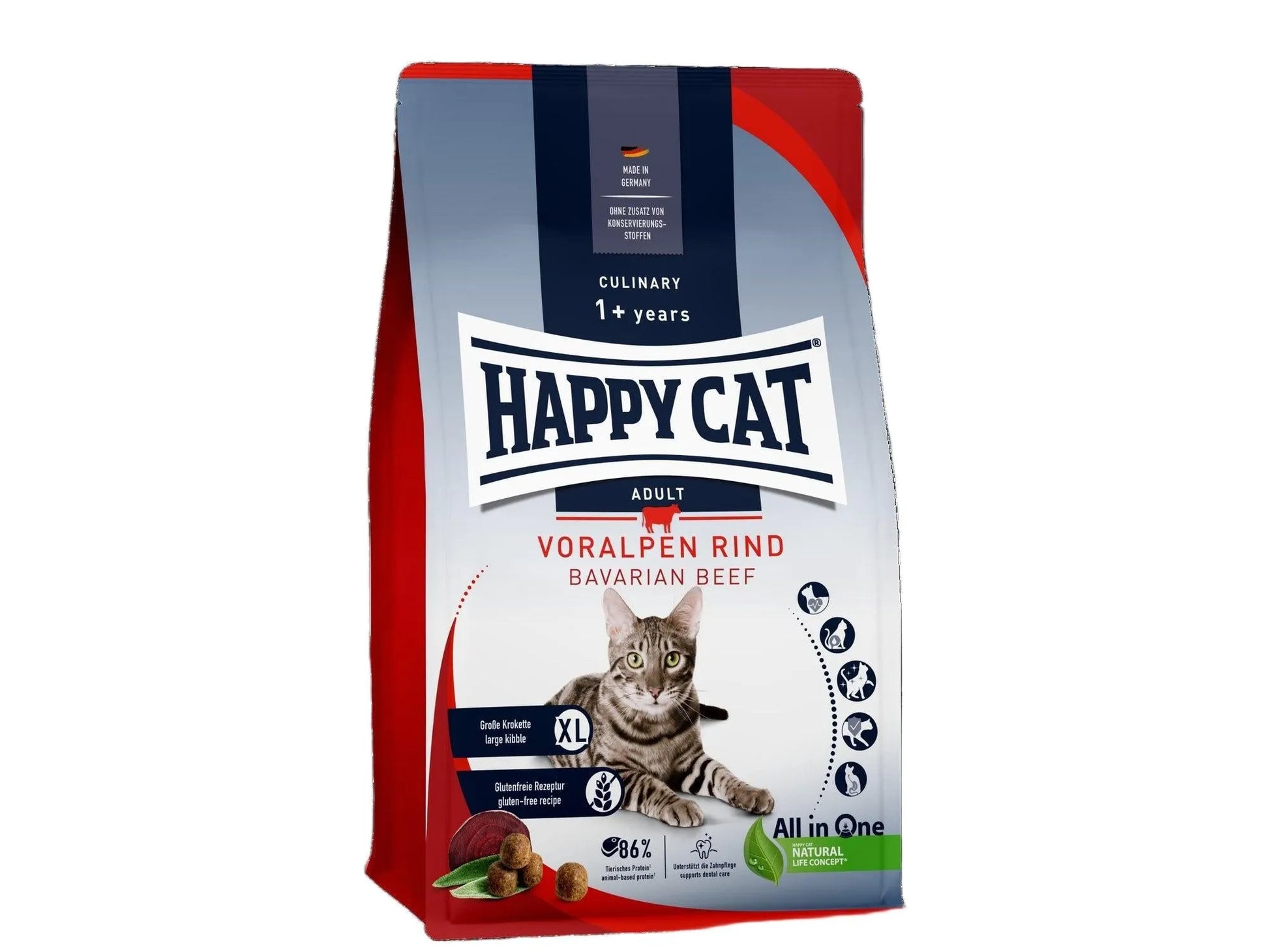 Happy Cat Culinary Adult Bavarian Beef kattemat i rød og grå pose med en stripete katt.