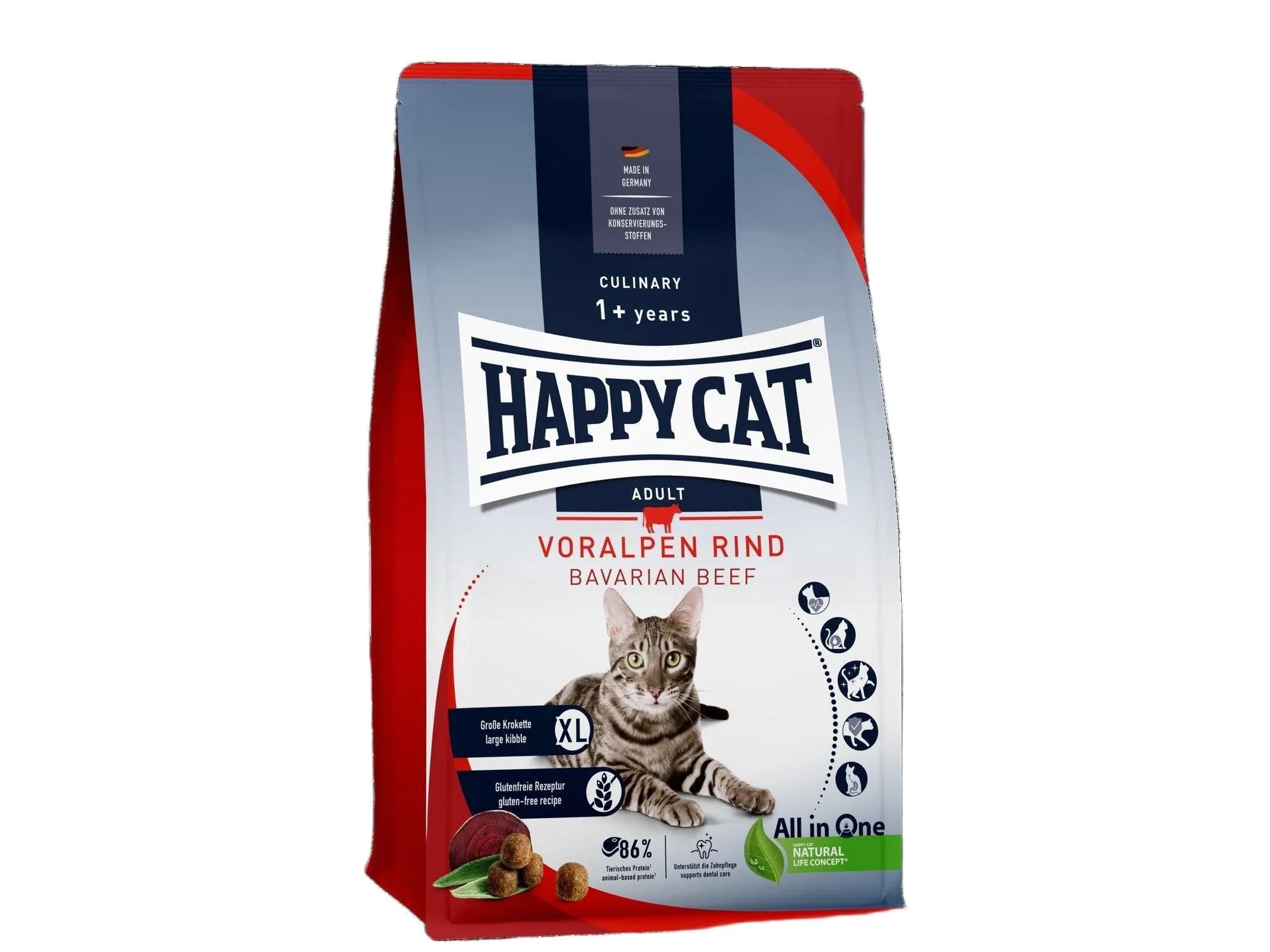 Happy Cat Culinary Adult Bavarian Beef kattemat i rød og grå pose med en stripete katt.